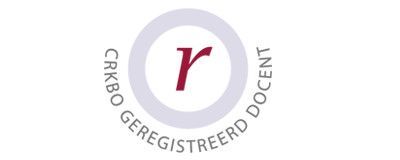 Rond logo met een rode 