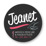 Jeanet-logo op een zwarte cirkel met witte letters, roze onderstreping en tekst over nagelverzorging met telefoonnummer.