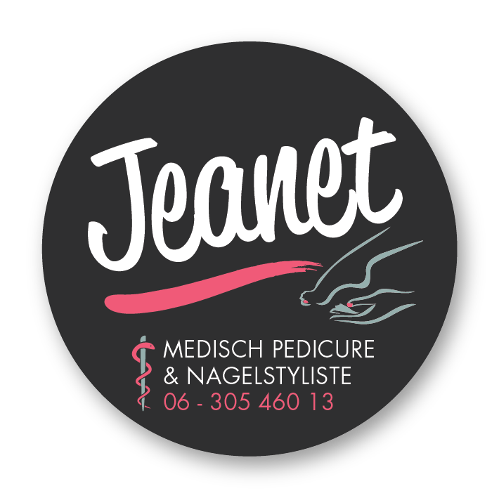 Jeanet-logo op een zwarte cirkel met witte letters, roze onderstreping en tekst over nagelverzorging met telefoonnummer.