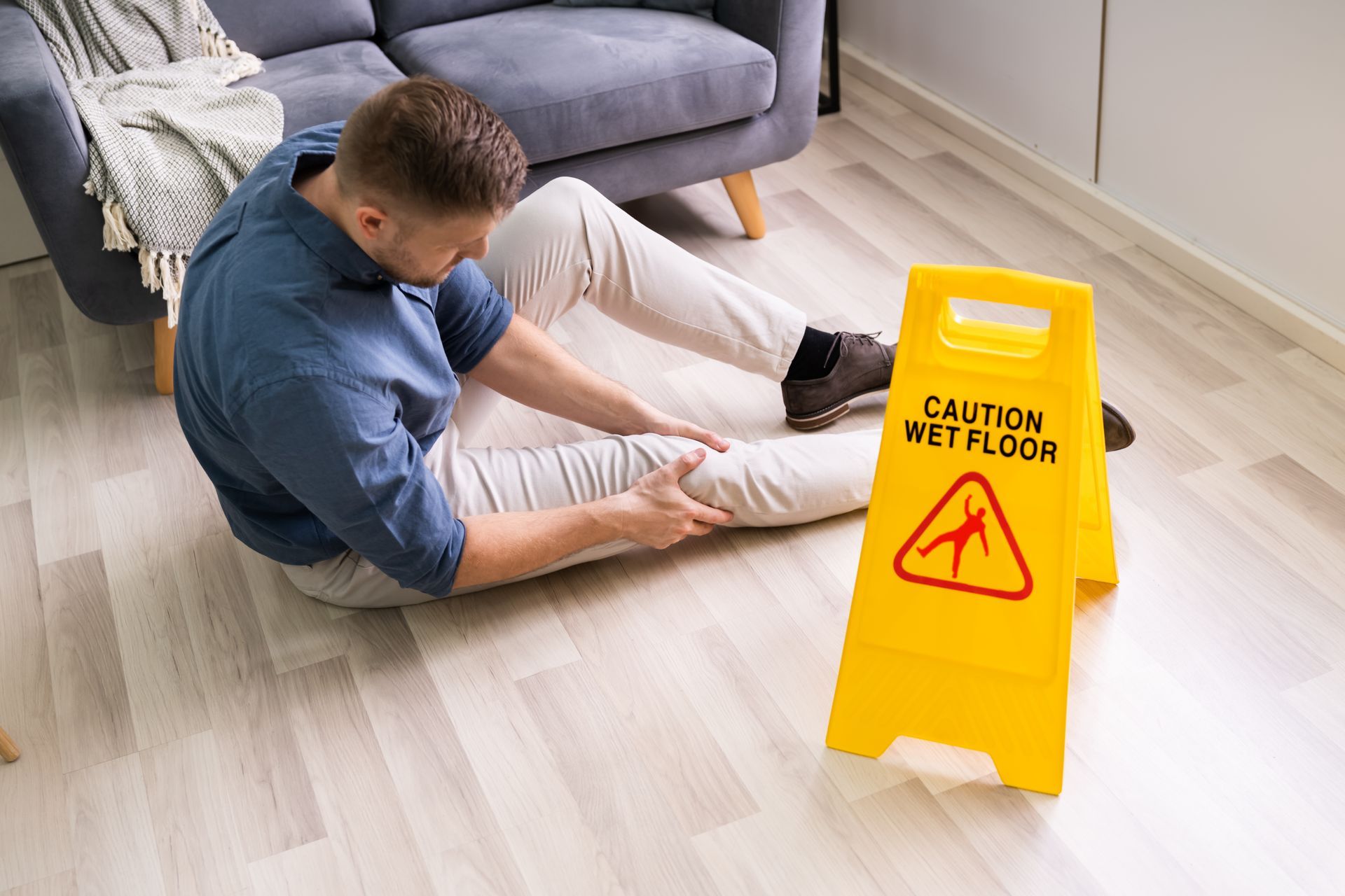 Person sitting on the floor beside a yellow wet floor caution sign in a living room