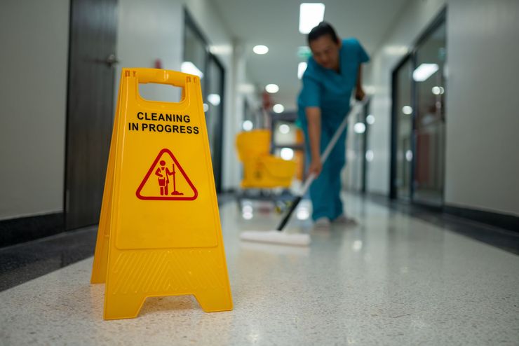 Yellow “Cleaning in progress” floor sign in a hallway, with a cleaner mopping in the background.