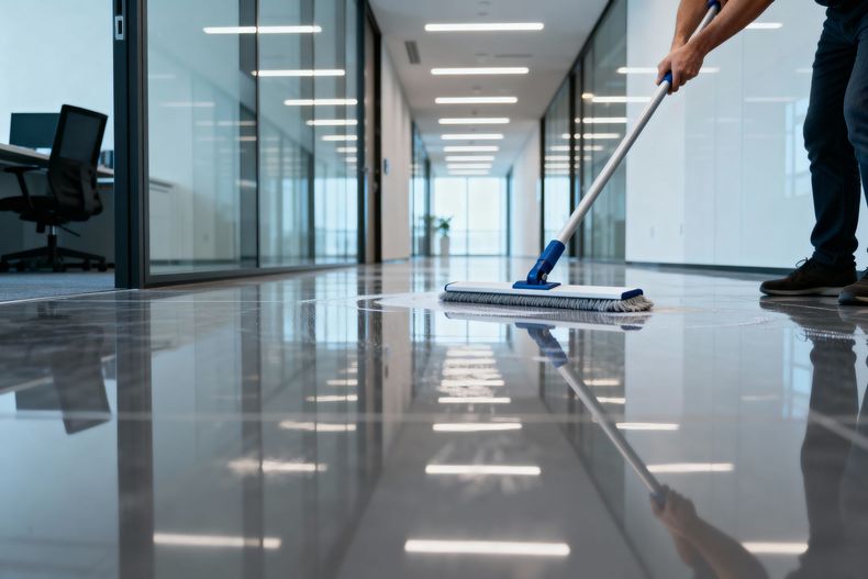 Person mopping a shiny office hallway floor with a blue mop head