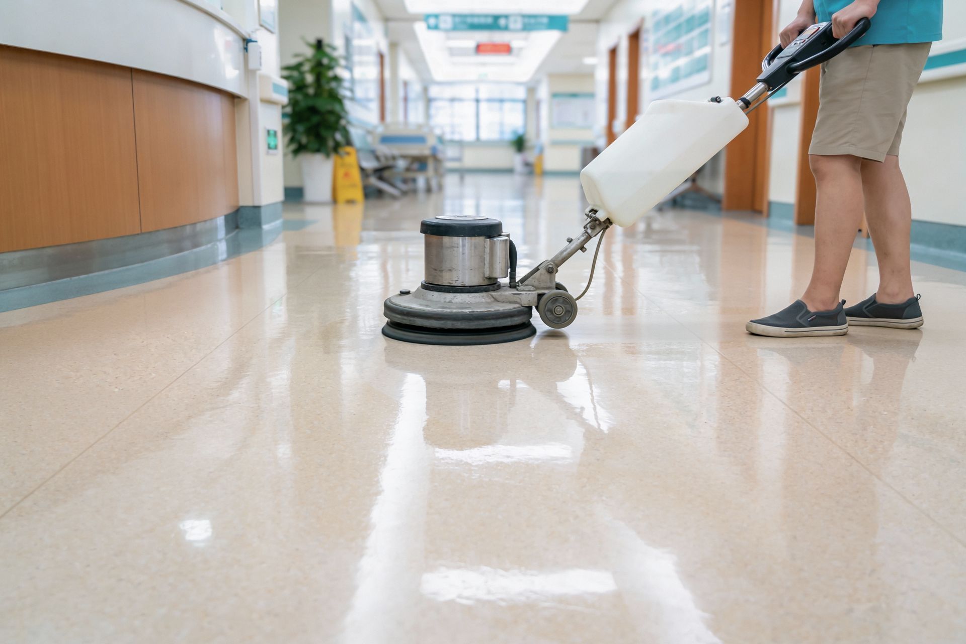 Person using a floor buffer on a shiny hallway floor in a bright building