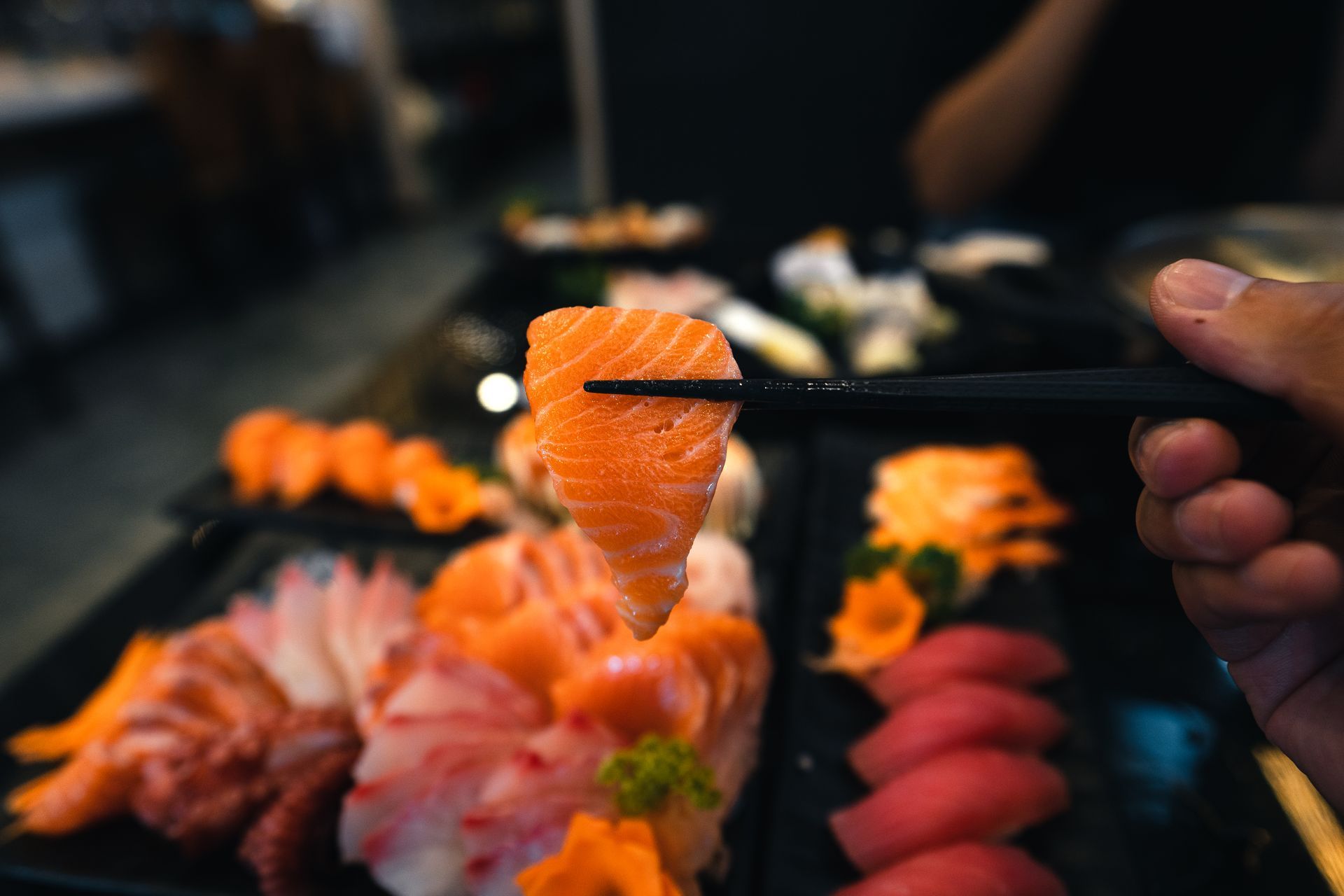 Sashimi on a plate in the Japanese restaurant.
