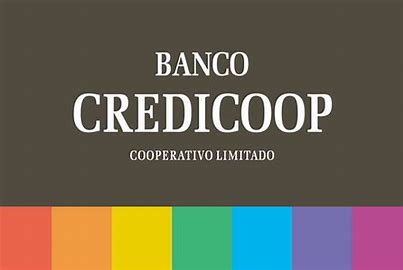 Logotipo del Banco Credicoop: texto blanco sobre fondo marrón, franja de arco iris de colores en la parte inferior.