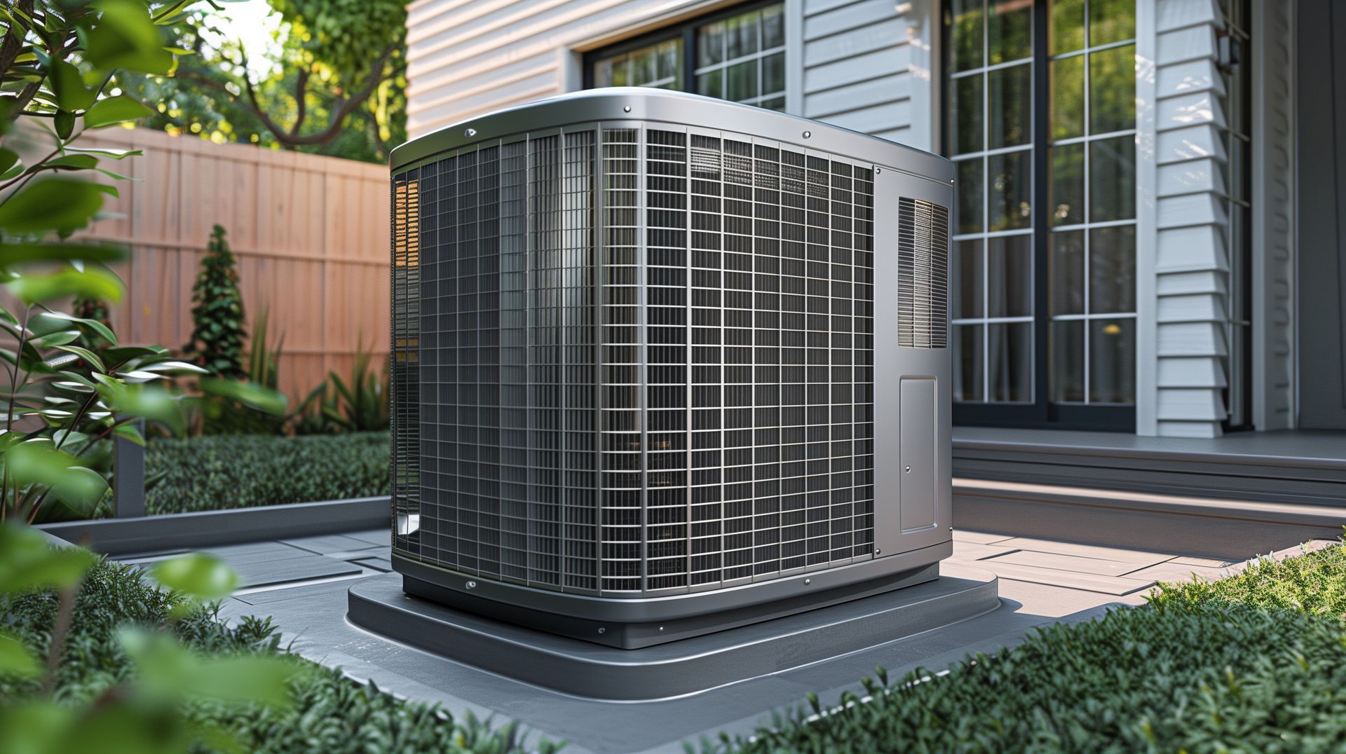 Air conditioning unit outside a white house, surrounded by greenery.