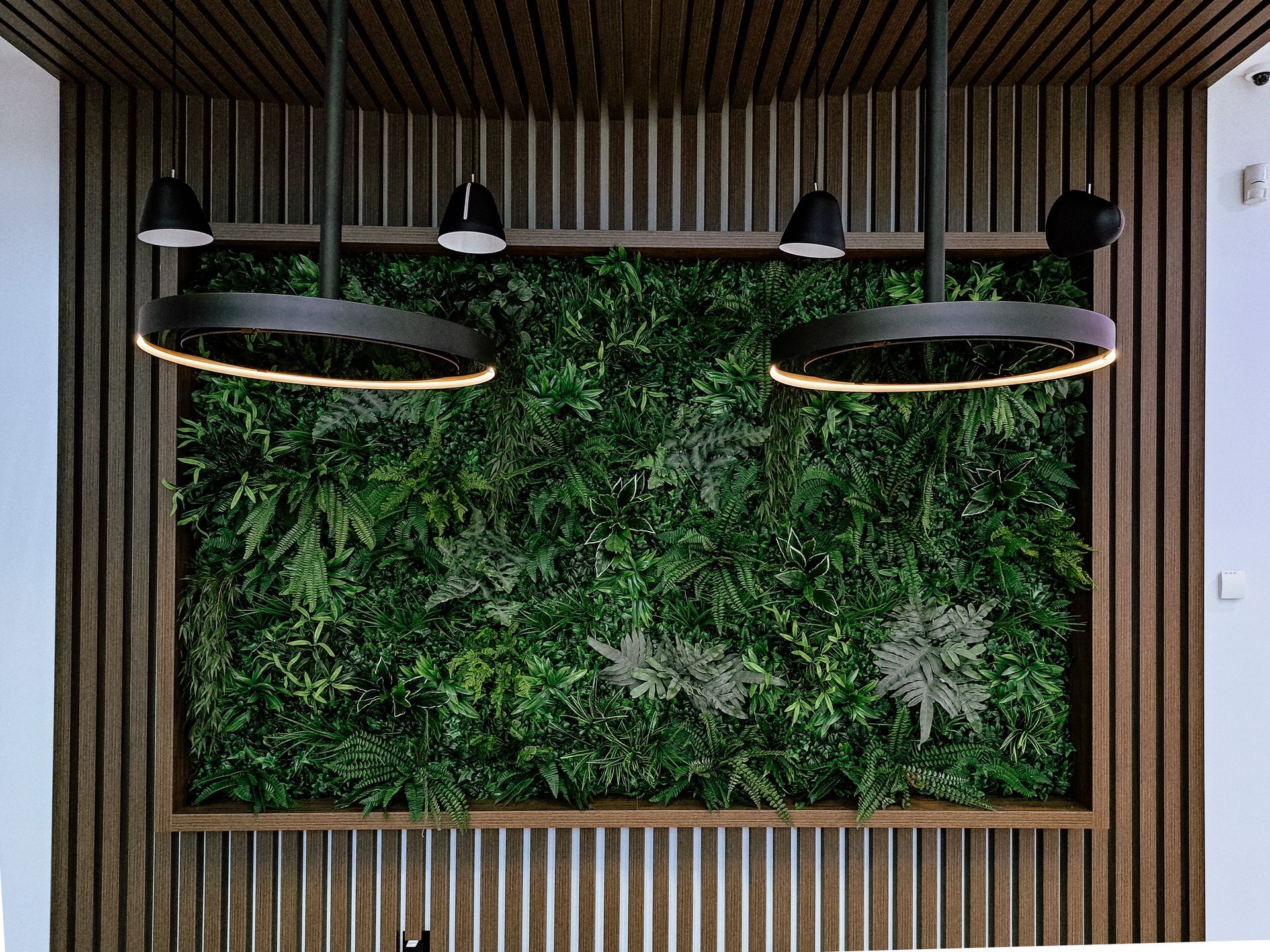 Mur orné de lattes de bois verticales et d'un panneau végétal luxuriant éclairé par des suspensions lumineuses noires.