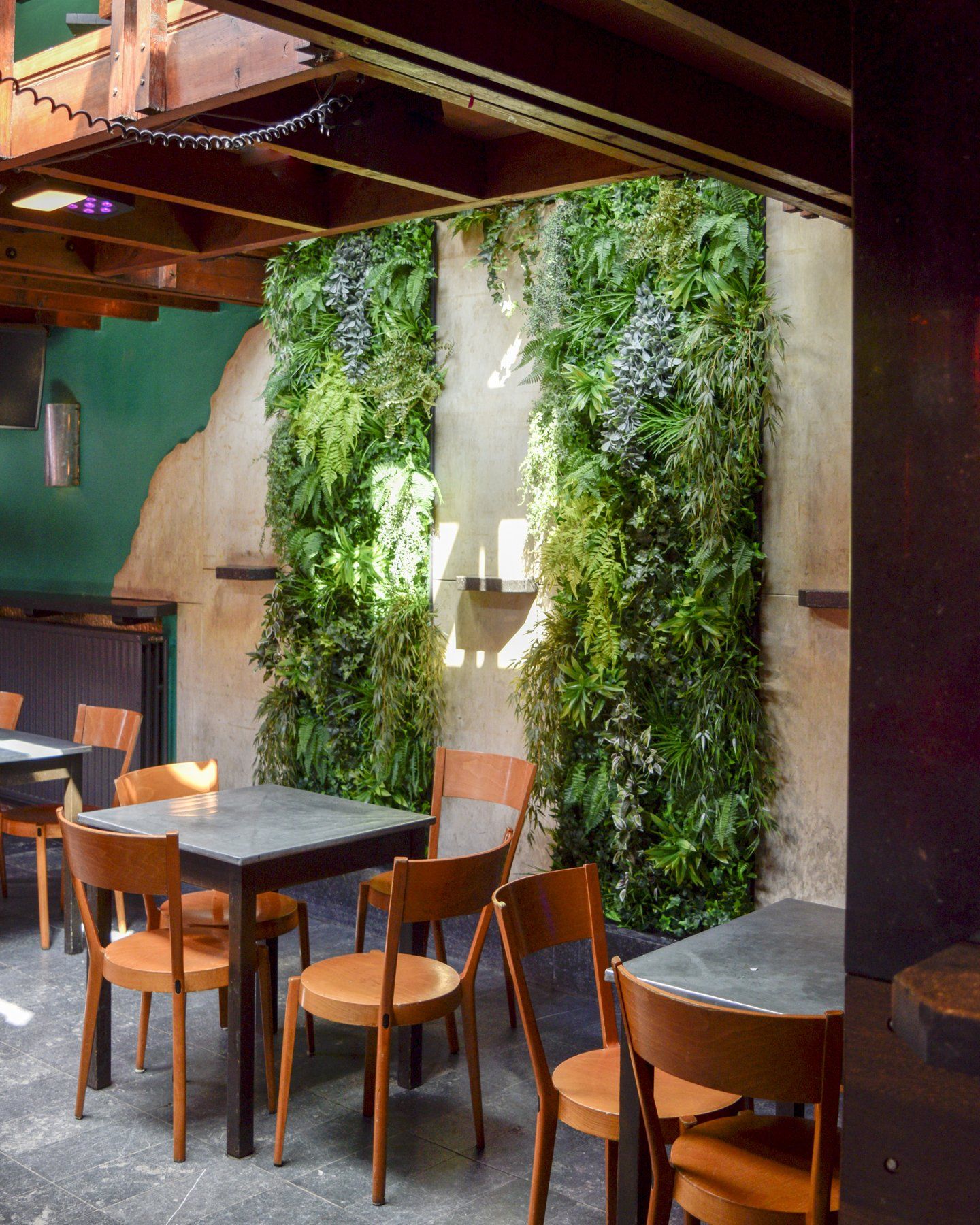 Coin restaurant cosy avec tables et chaises en bois, plantes grimpantes luxuriantes et éclairage d'ambiance chaleureux