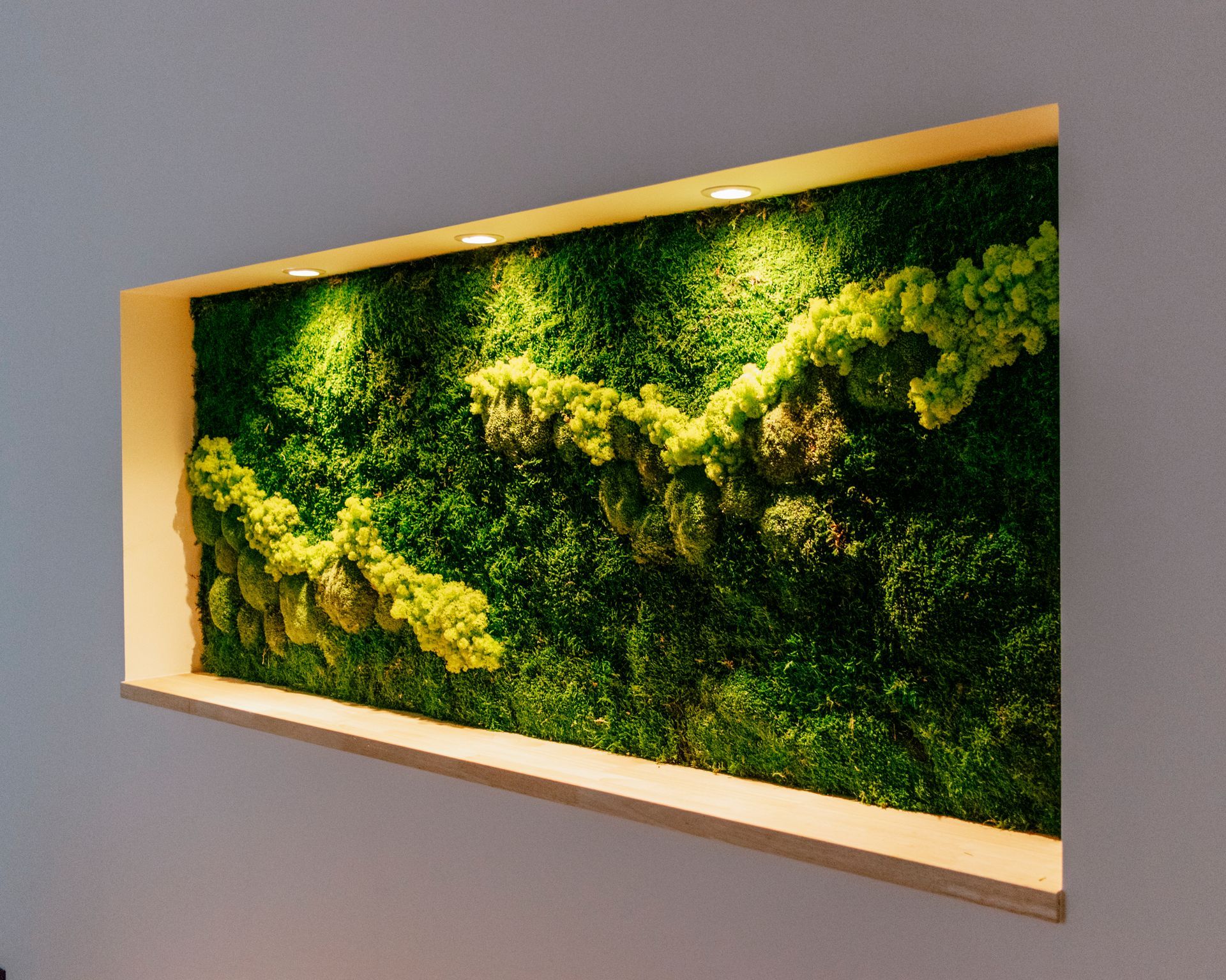 Tableau encadré en mousse aux feuillages vert vif, présenté dans un écrin beige encastré.