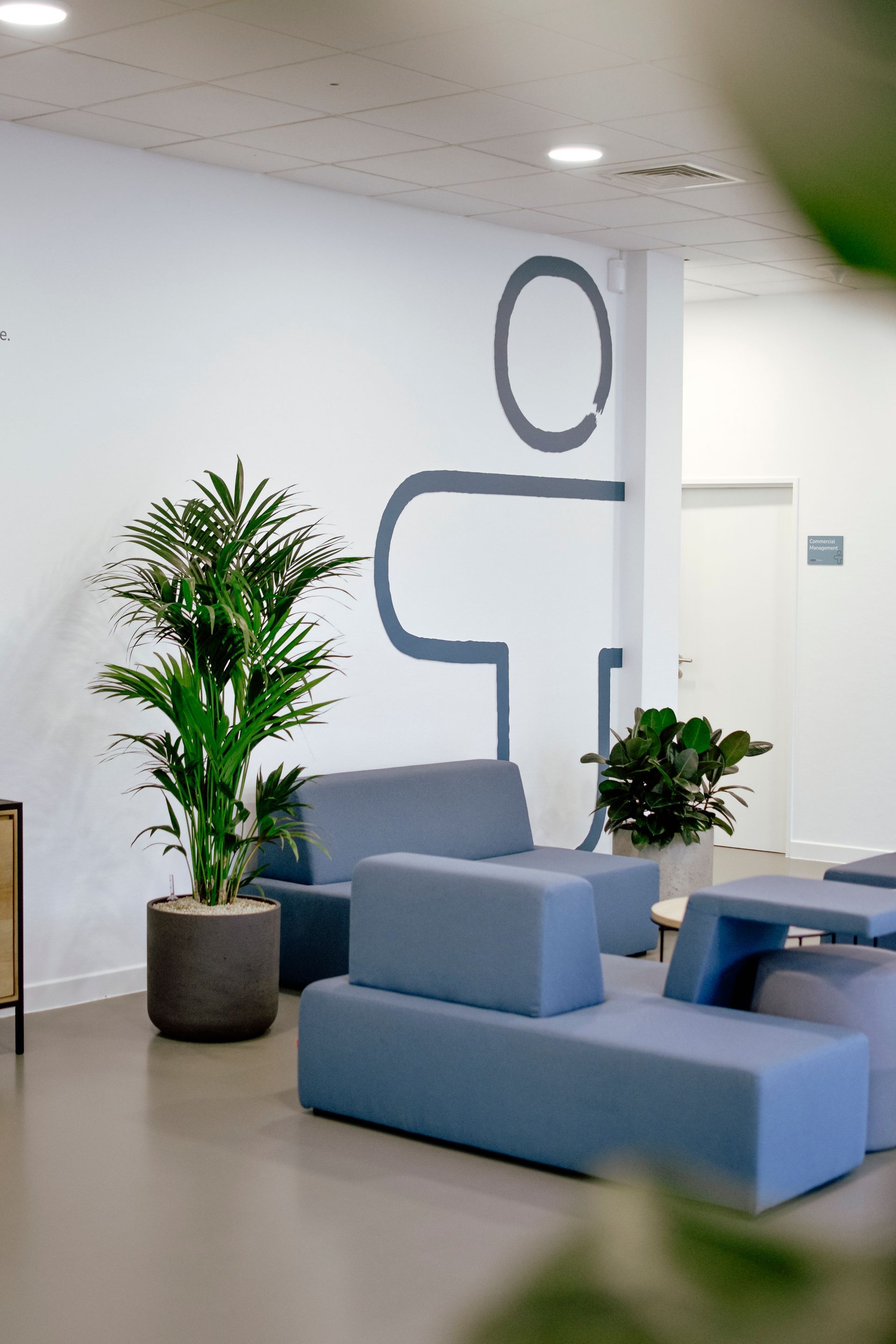 Modern office lounge with blue sofas, potted plants, and a minimalist wall graphic
