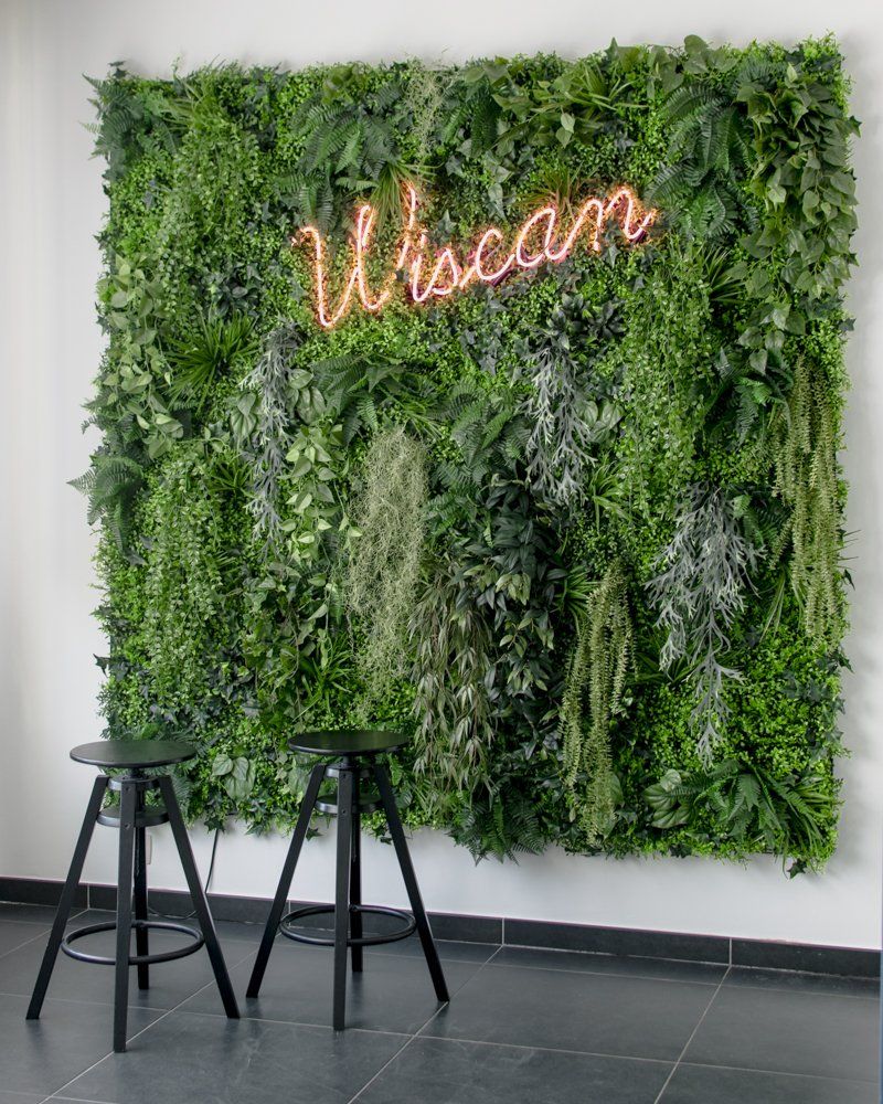Mur végétal intérieur avec enseigne lumineuse « Wiscam » et deux tabourets noirs