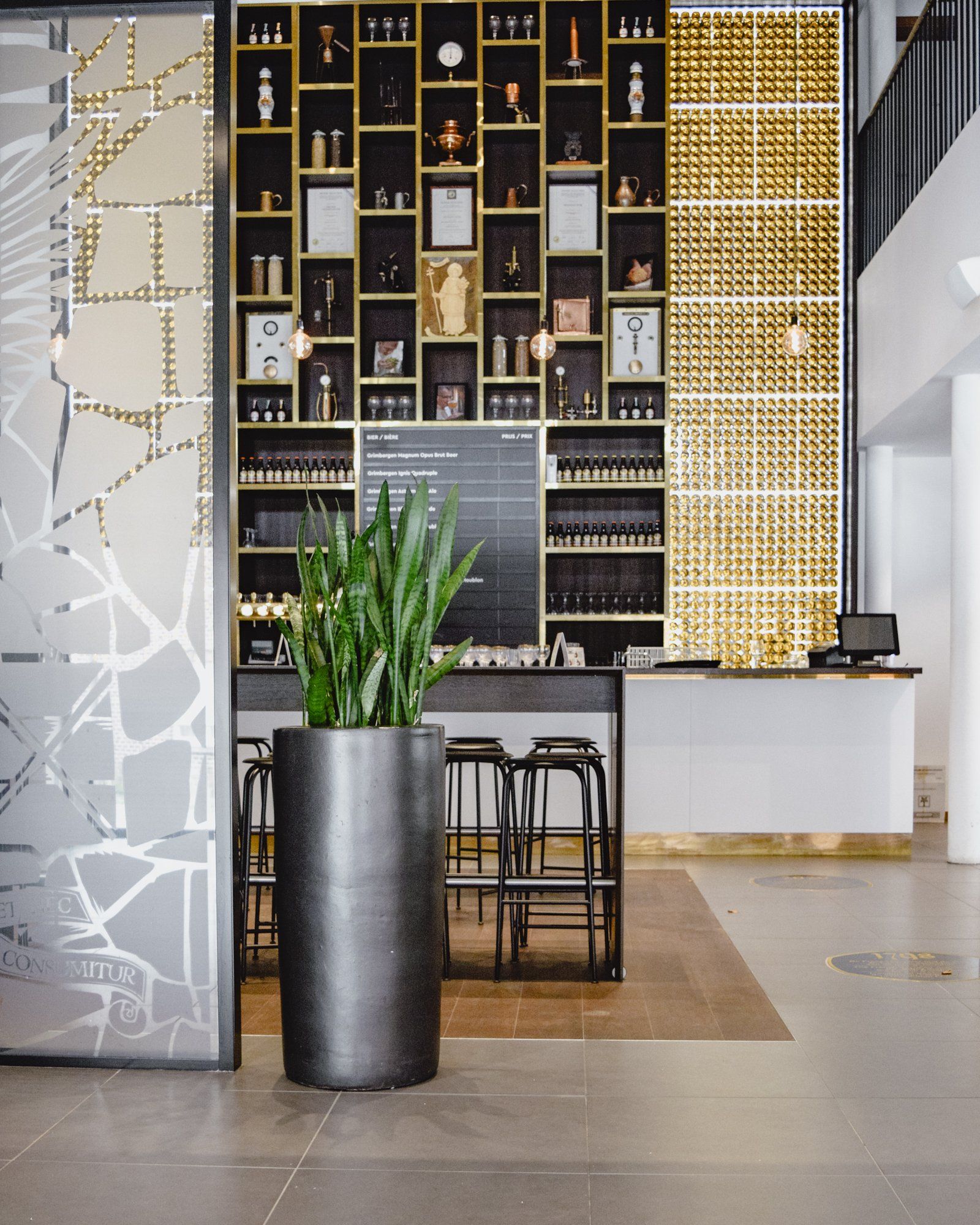 Modern bar interior with black shelving, gold accents, a white counter, and a potted plant in front.