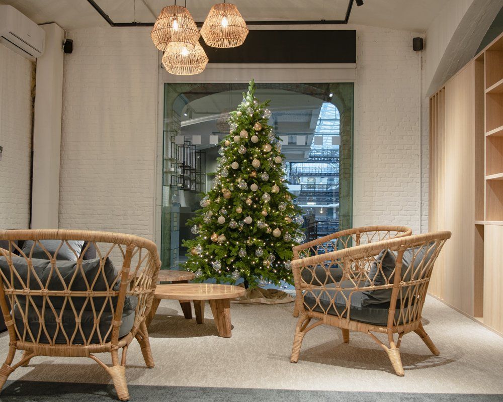 Cozy lounge with wicker chairs and a lit Christmas tree in front of a large window