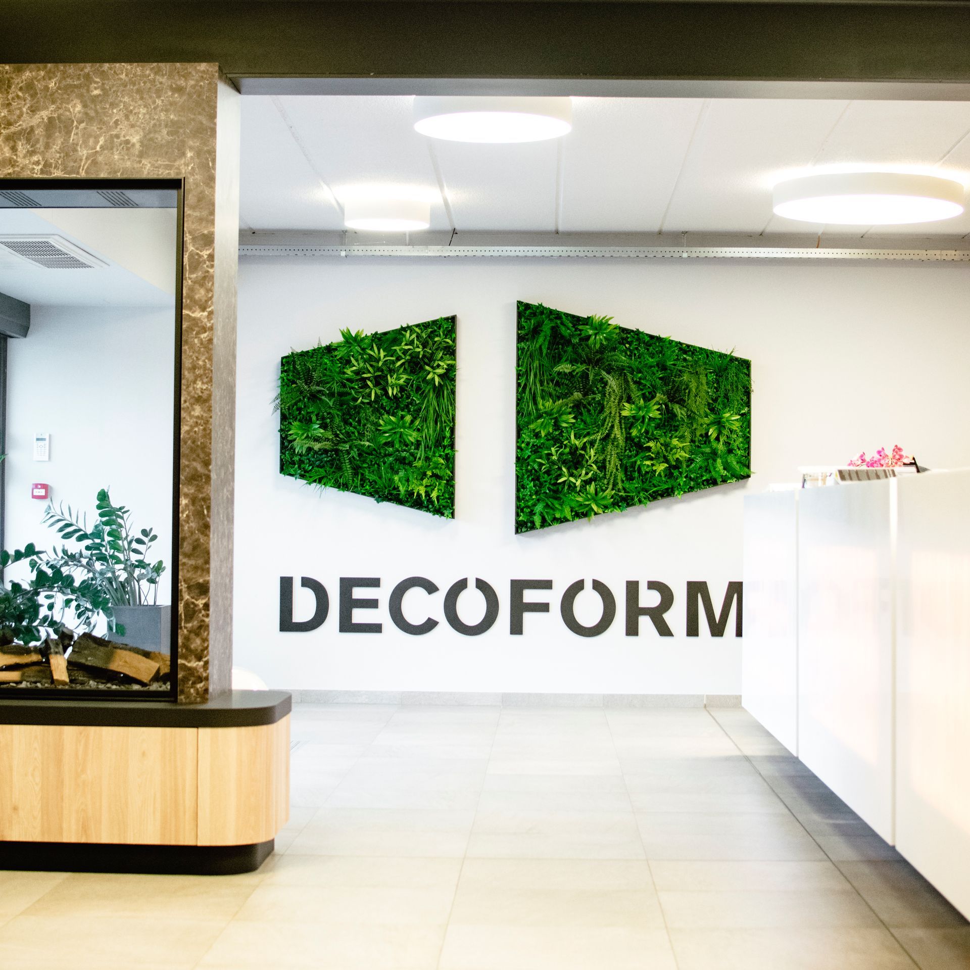 Hall d'entrée moderne avec logo DECOFORM, panneaux muraux verts, comptoir d'accueil blanc et présentoir miroir.