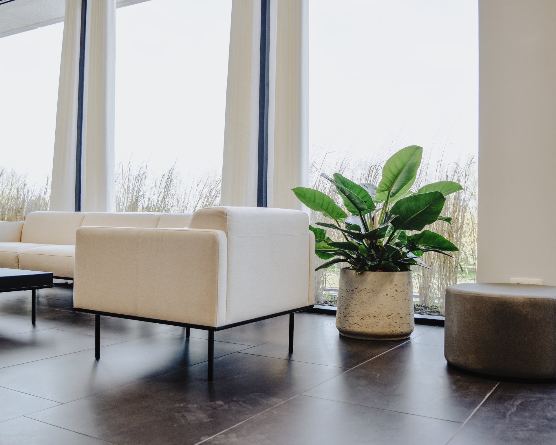 Modern lounge with beige chairs, round ottoman, and a potted plant by large windows