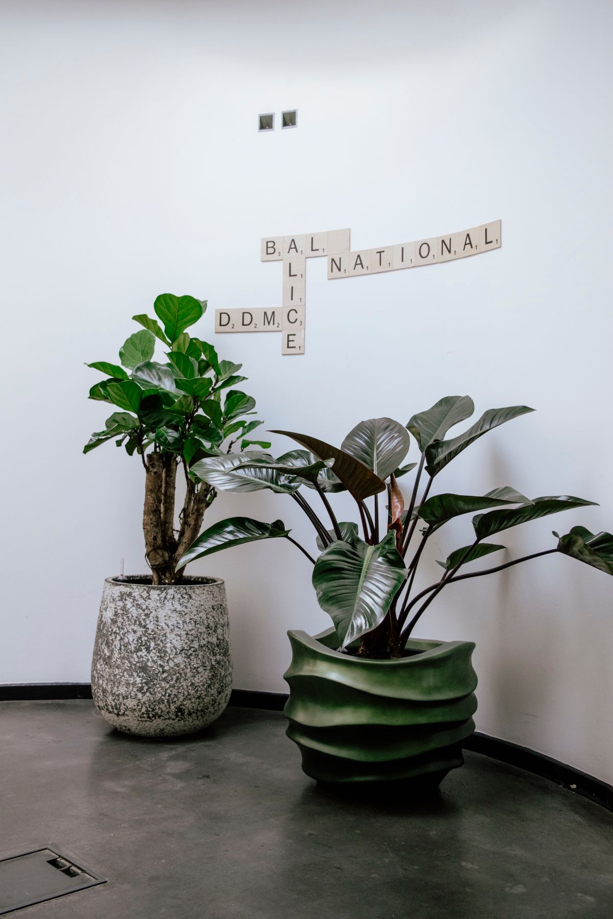 Indoor corner with two potted plants and wall letters reading “BE NATURAL”