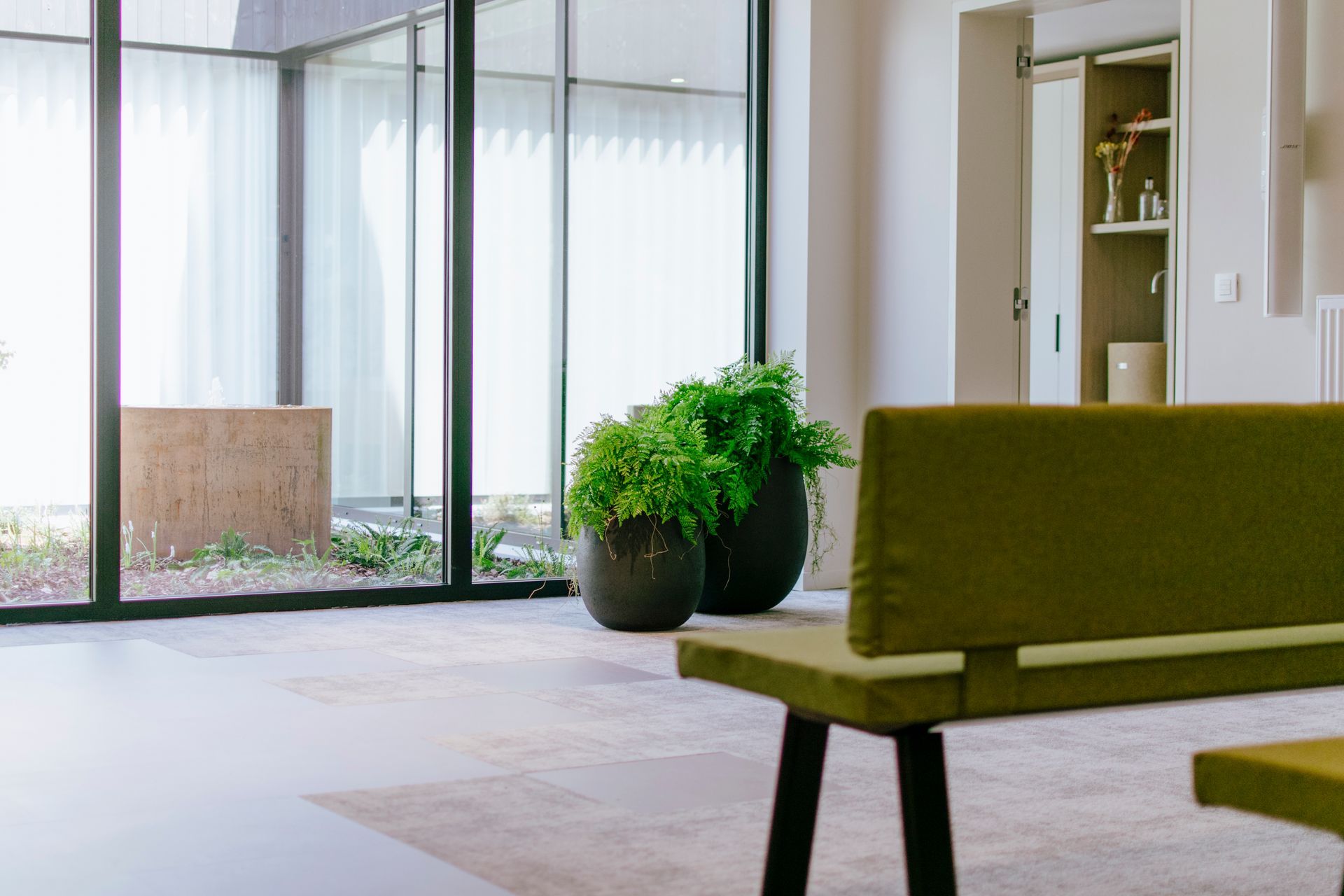 Salon moderne avec canapé vert, plante en pot et grandes portes coulissantes en verre
