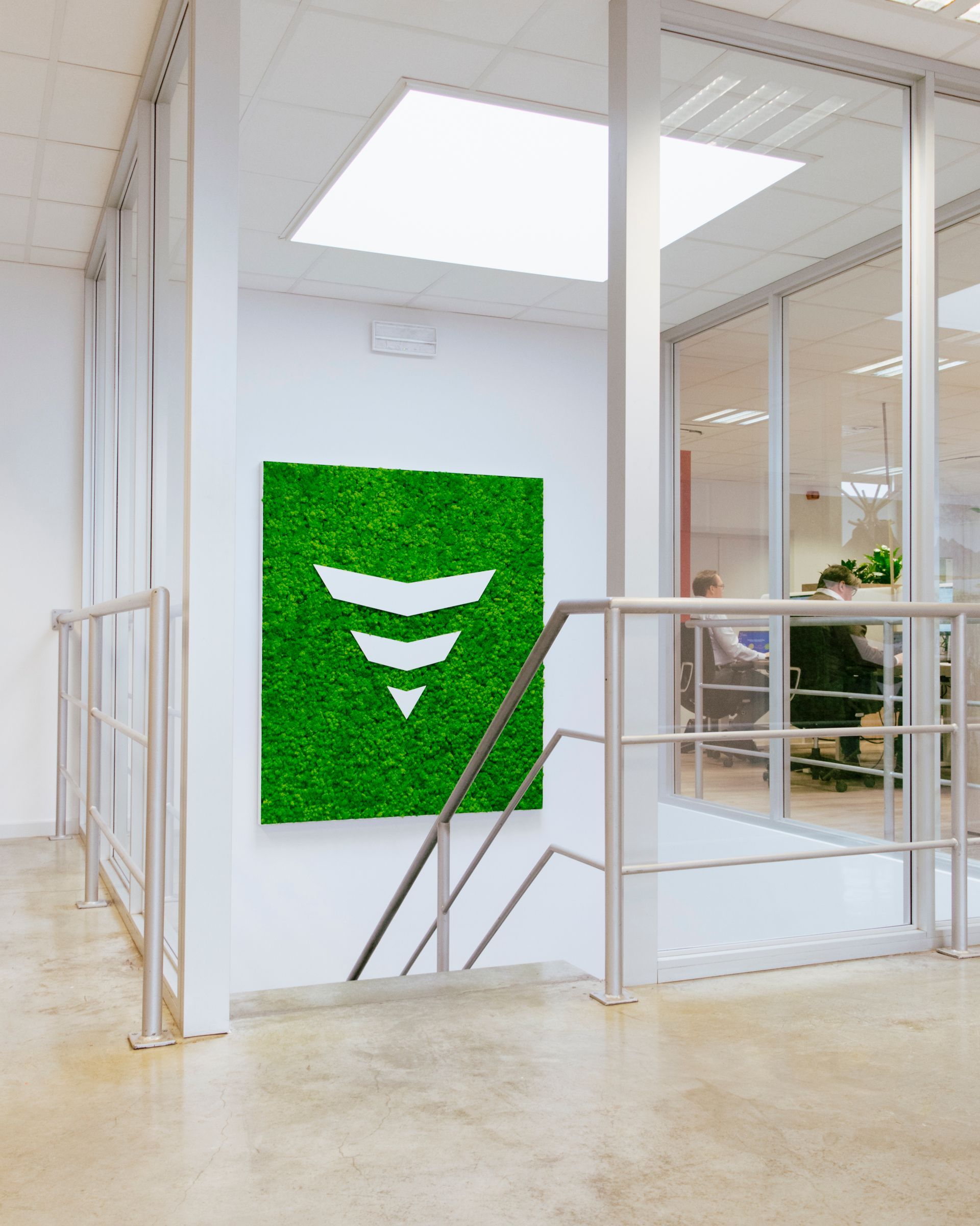 Escalier de bureau lumineux avec un panneau mural décoratif vert et une porte vitrée.