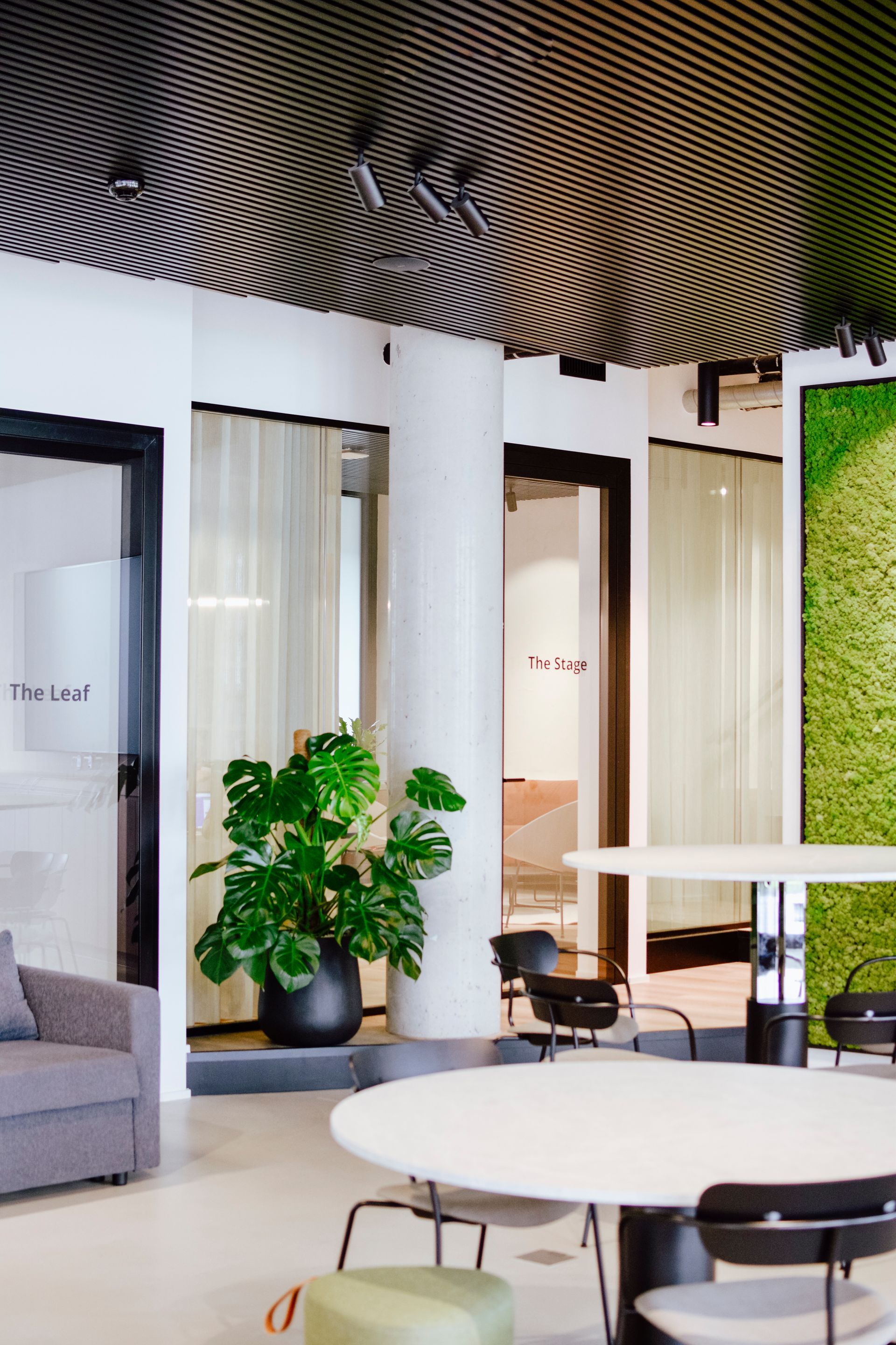 Modern office lounge with round tables, chairs, potted plant, and a moss wall accent