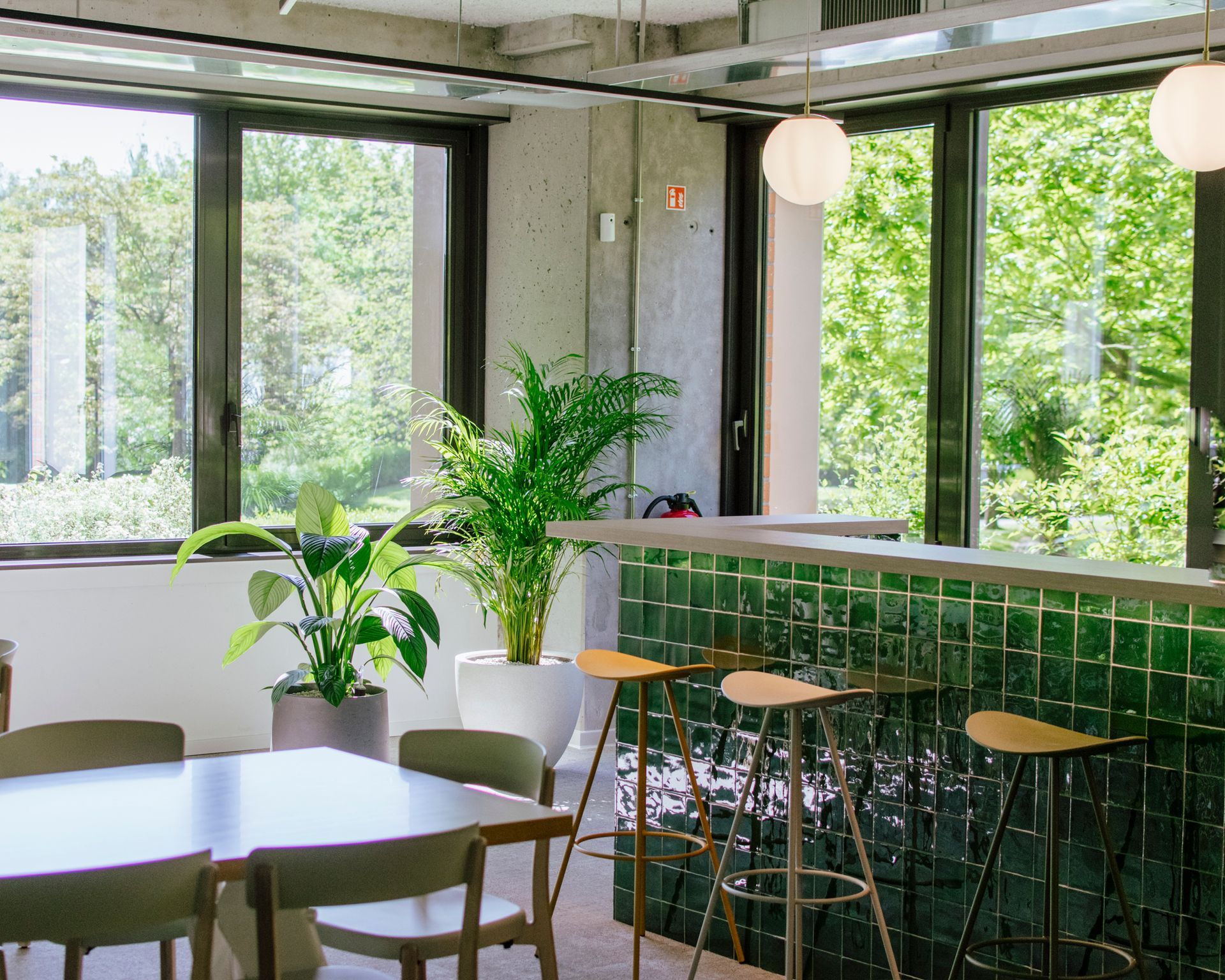 Modern café interior with green tiled bar, stools, tables, and large windows overlooking trees.