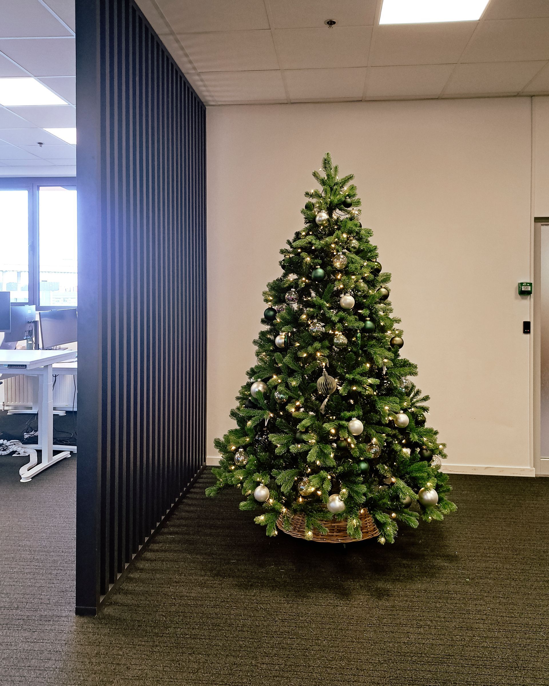 Decorated Christmas tree in an office lobby with carpeted floor and glass windows