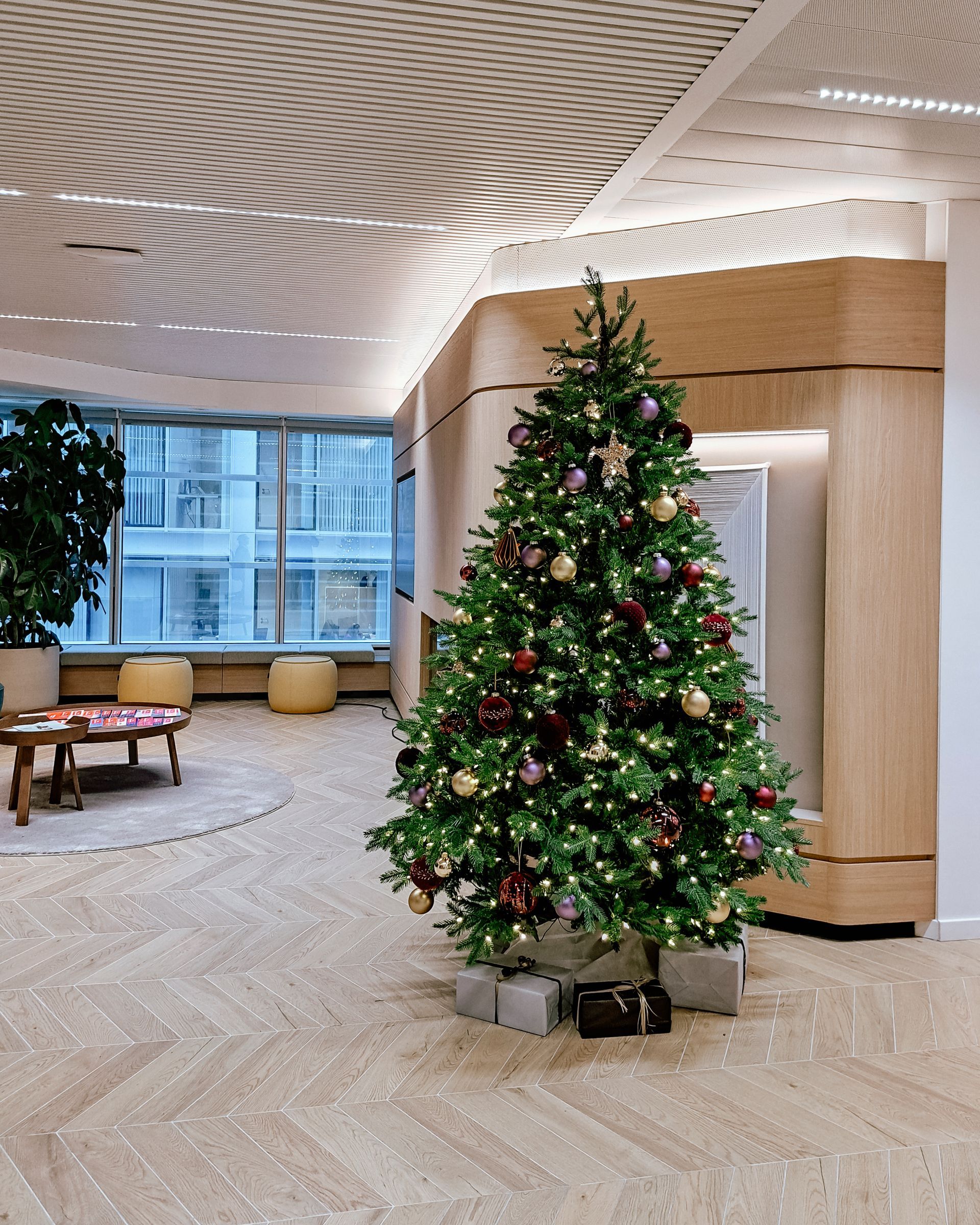 Decorated Christmas tree in a modern office lobby with large windows and wood-paneled walls