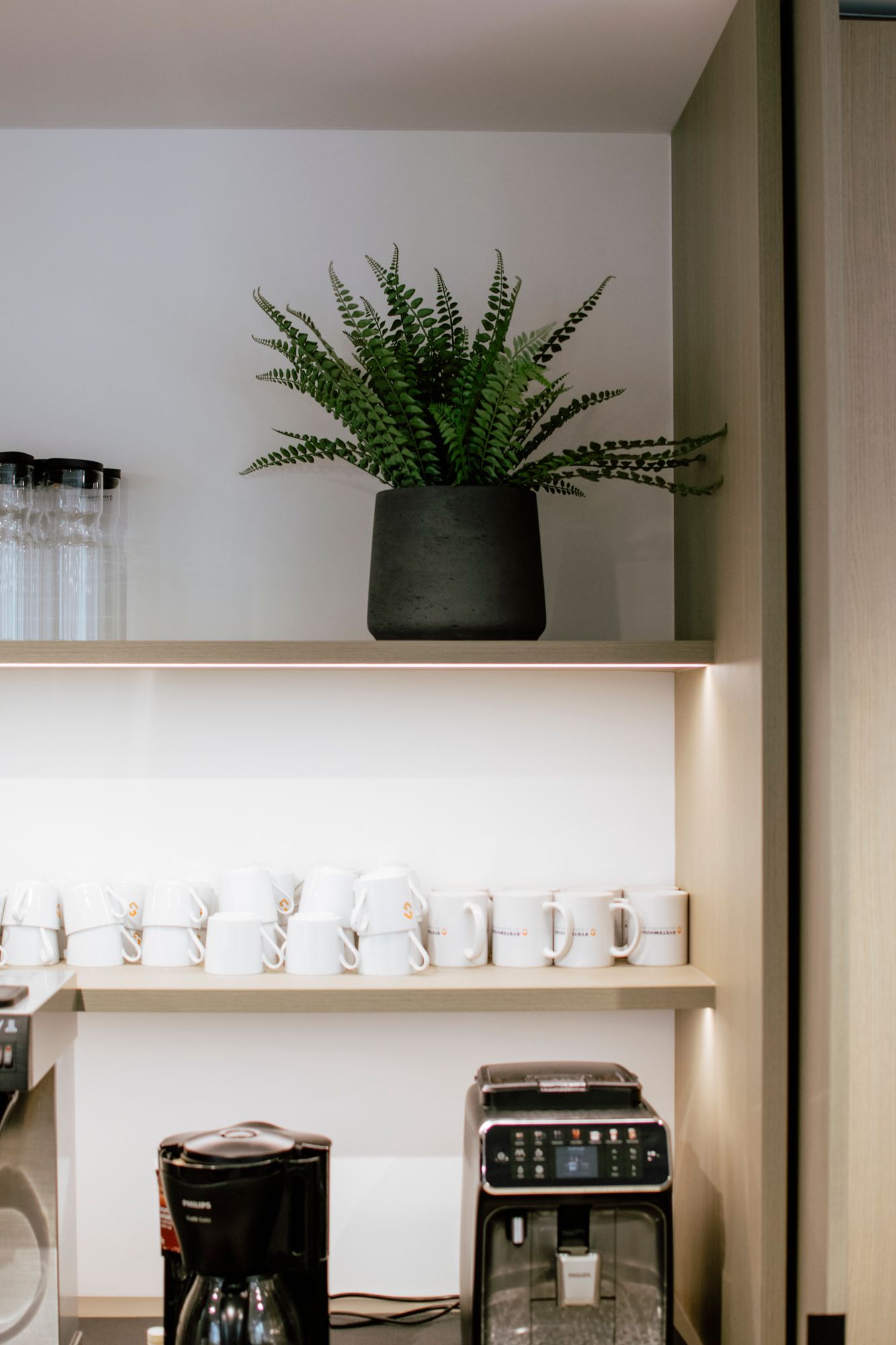 Étagère de café avec fougère en pot, bouteilles en verre, tasses et machines à café sous éclairage artificiel