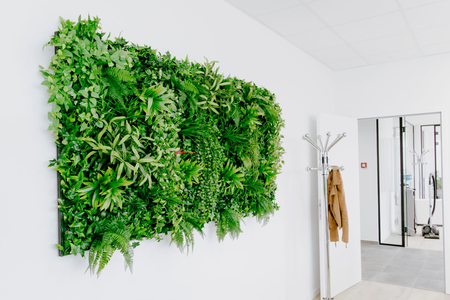 Een rechthoekige verticale tuin met weelderige groene planten, gemonteerd op een witte muur nabij een open kantoordeur en kapstok.