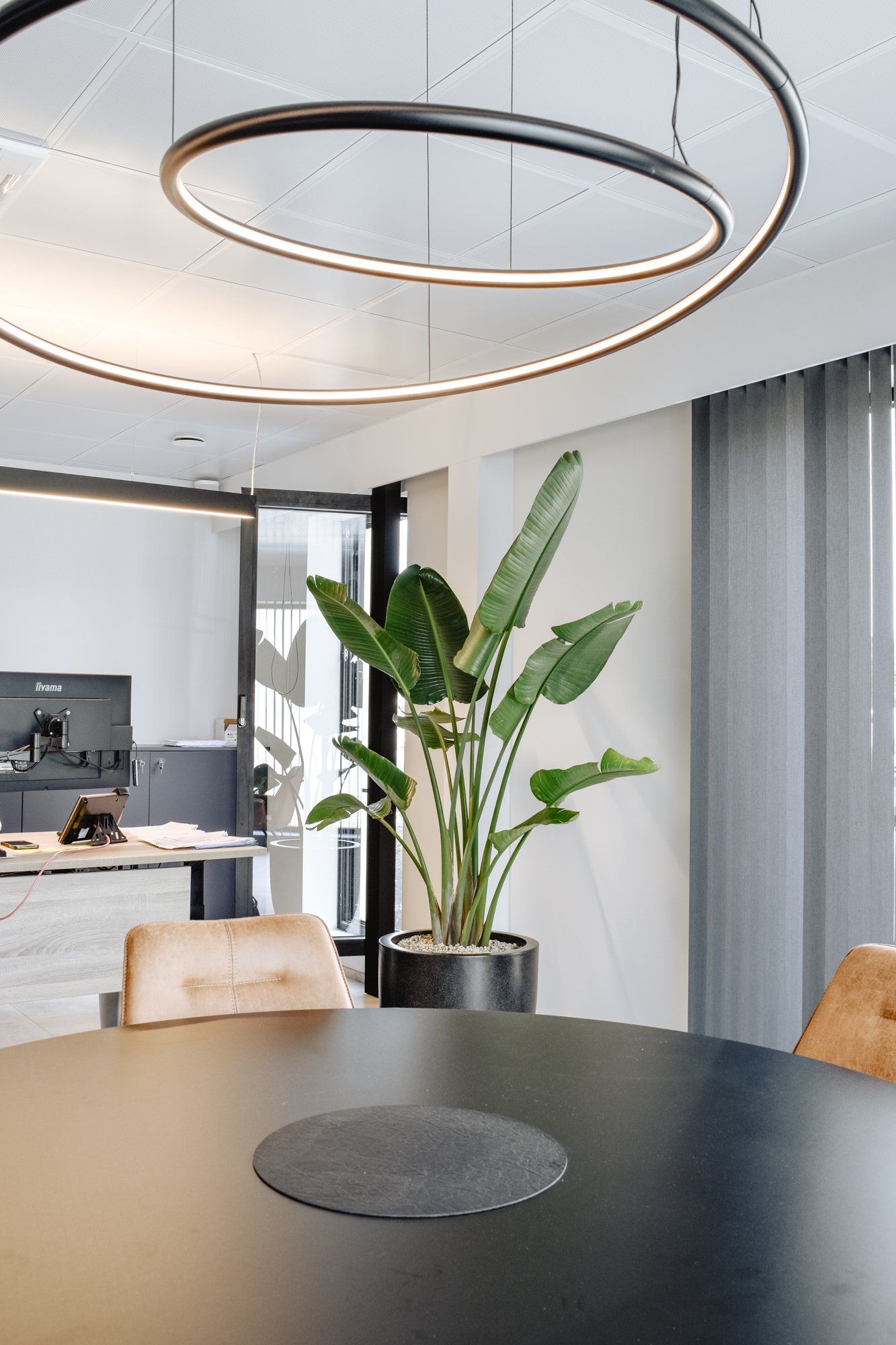 Modern dining area with round black table, tan chairs, hanging ring light, and a large potted plant