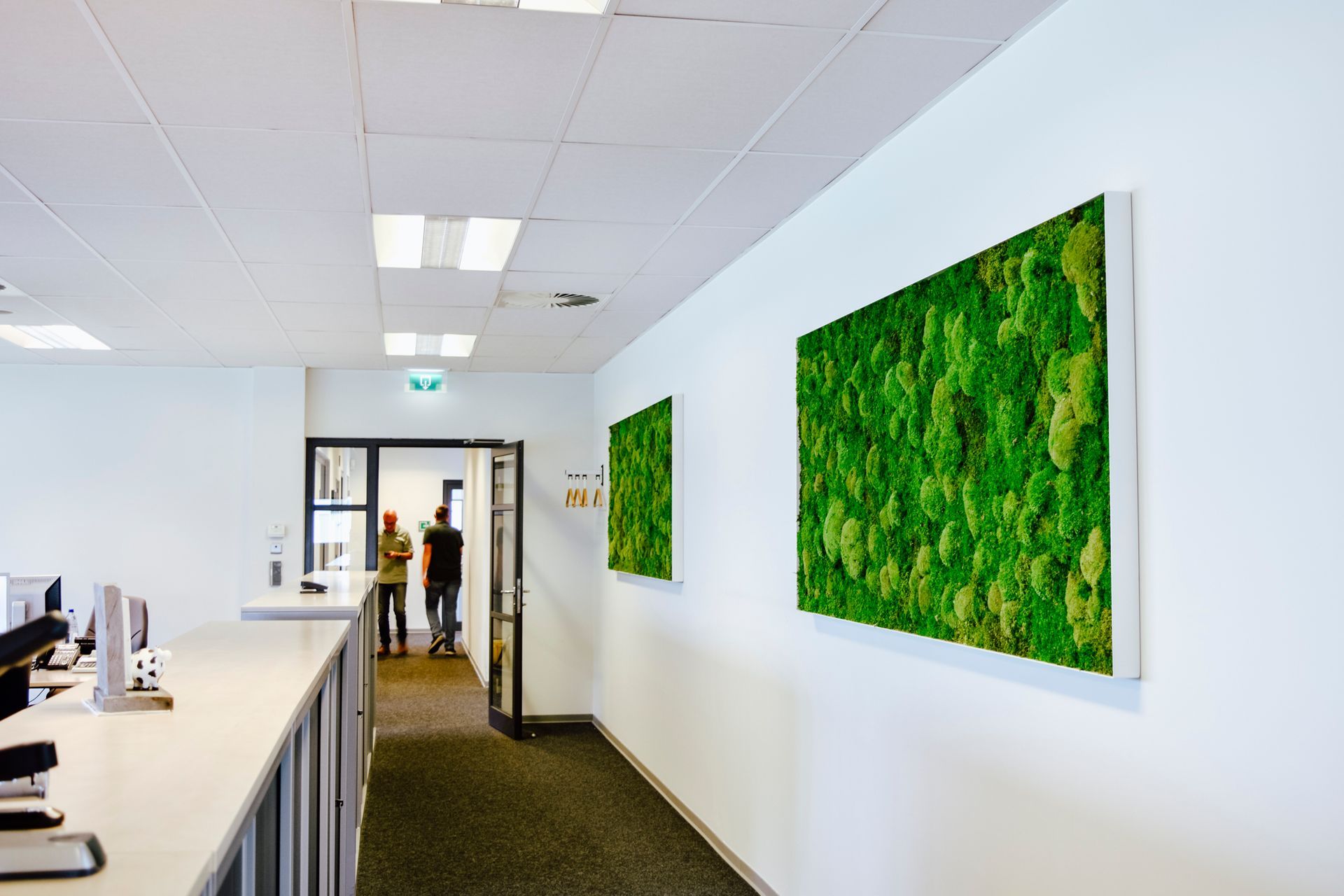 Couloir de bureau lumineux avec une œuvre d'art murale verte, des bureaux à gauche et une personne près de la porte.