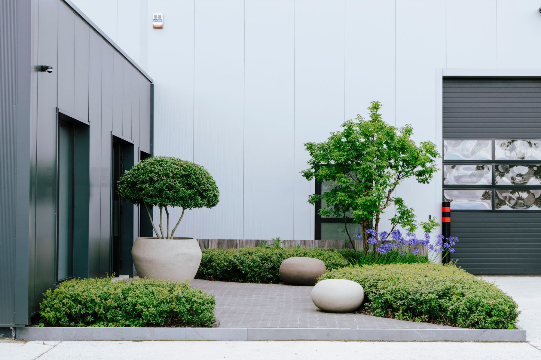Modern courtyard with trimmed shrubs, potted trees, and a gray building exterior