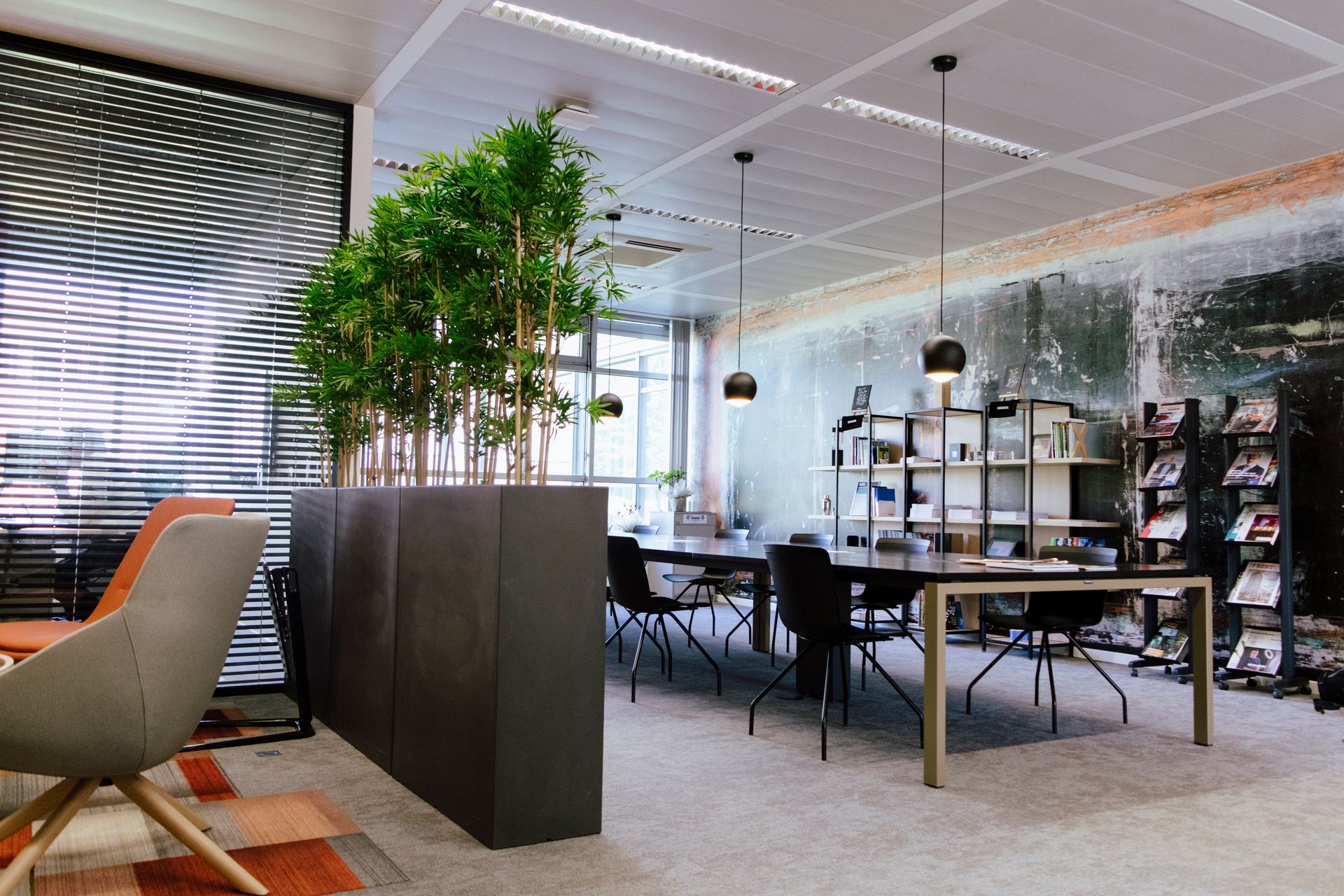 Modern office lounge with desks, chairs, plants, and glass partition walls