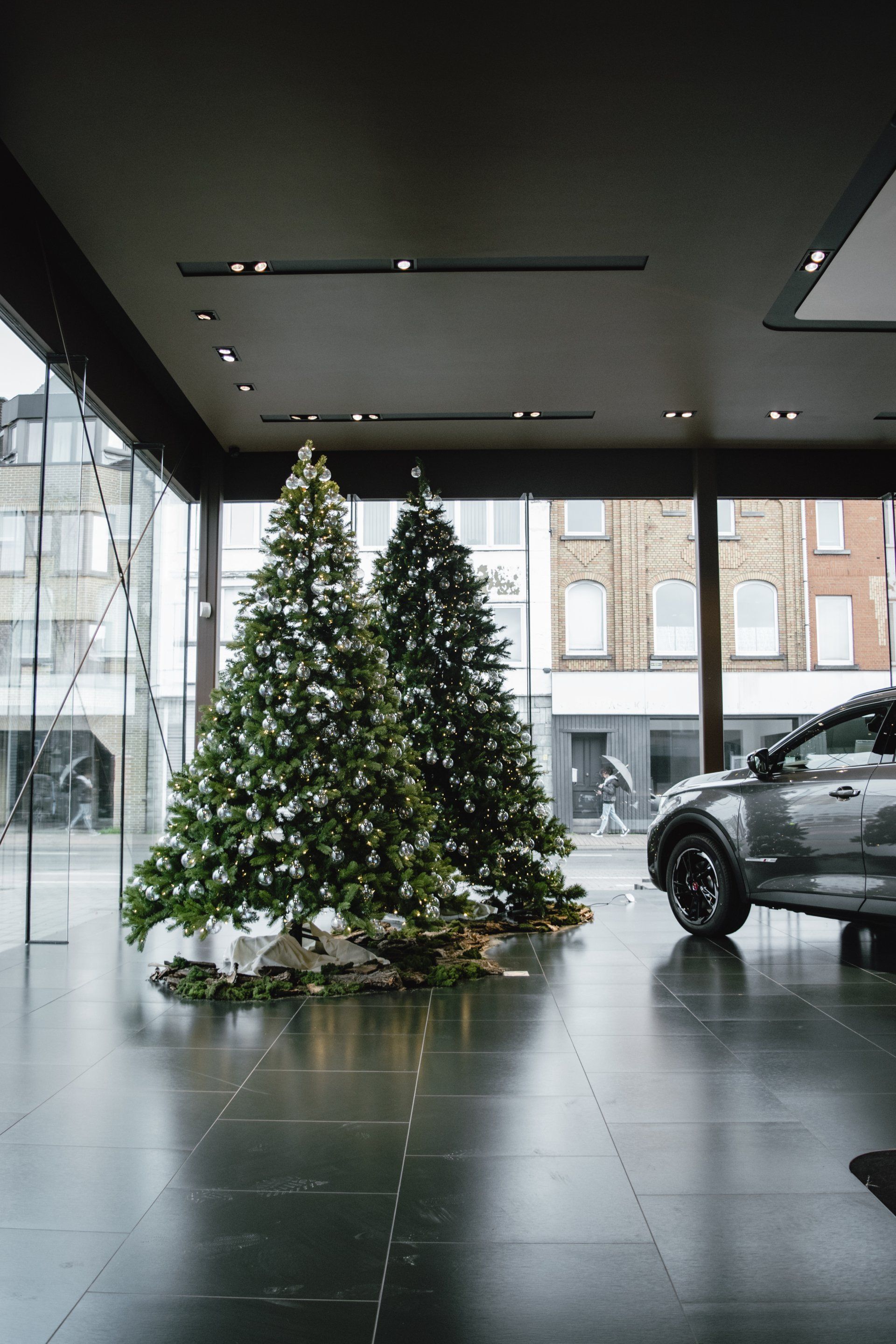 Christmas trees in a modern showroom with a car parked nearby