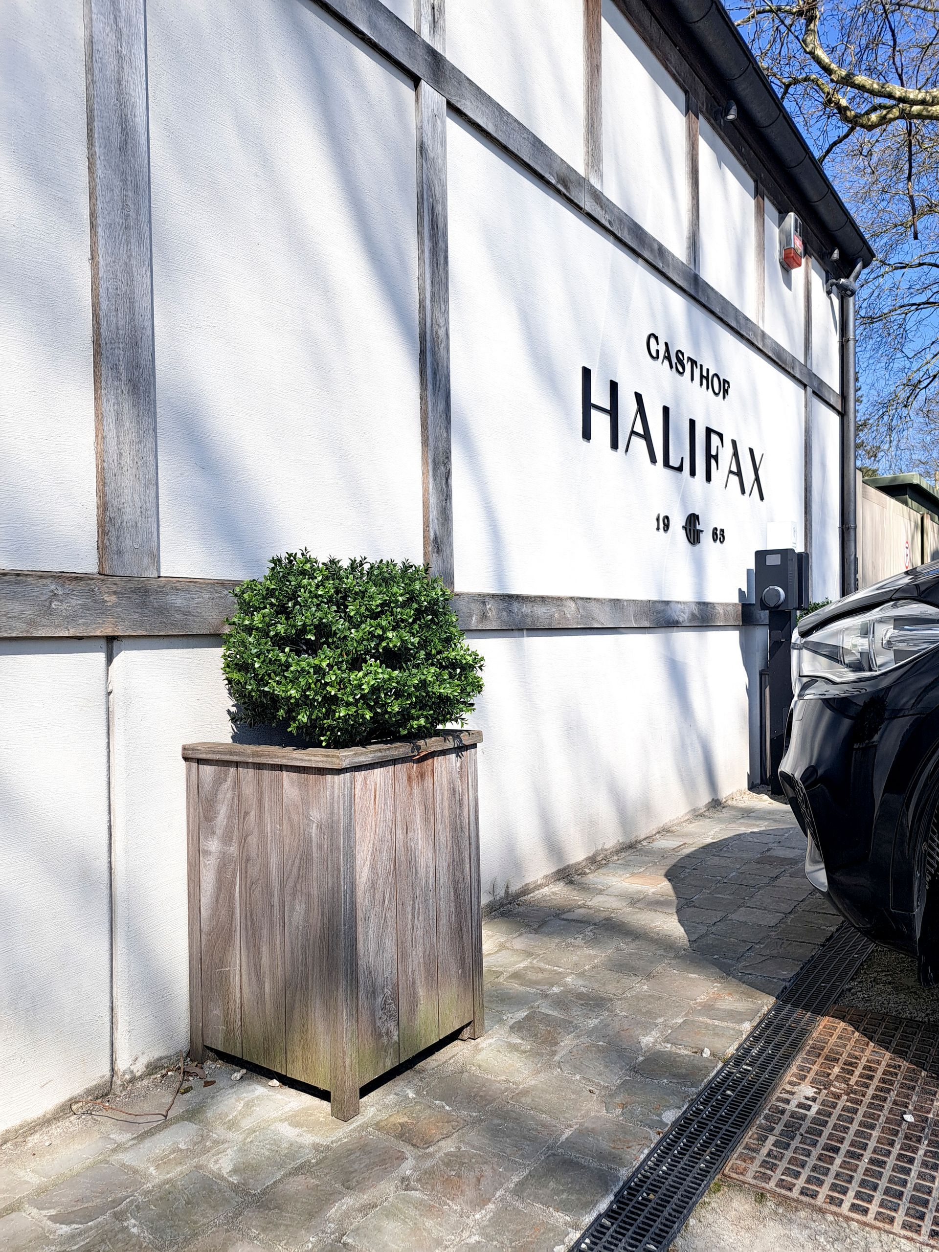 Façade d'un bâtiment avec une enseigne « Hailey » et un arbuste en pot au bord d'une allée.