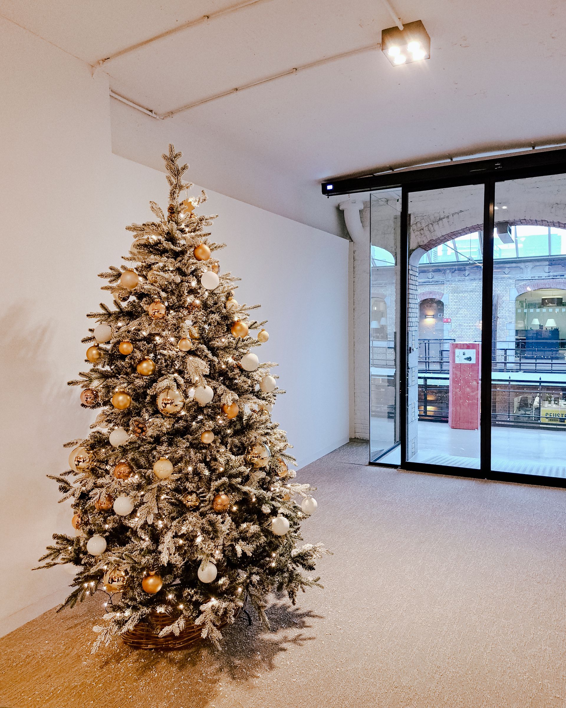 Decorated Christmas tree in a bright indoor lobby near glass doors