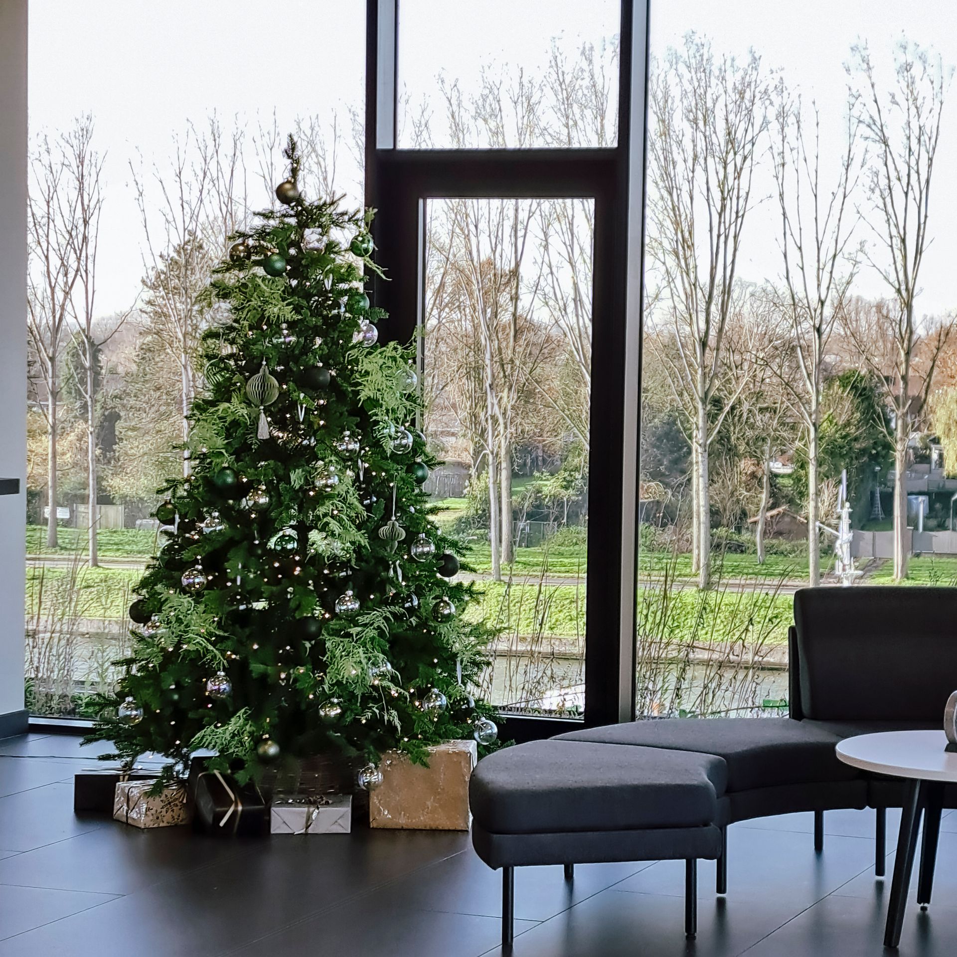Decorated Christmas tree in a modern room beside large windows and gray seating