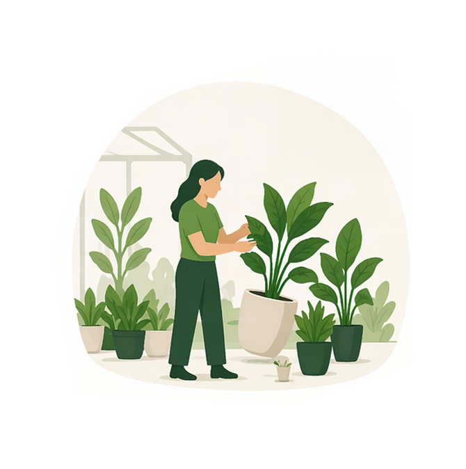 Een persoon verzorgt potplanten in een lichte, overdekte kas.