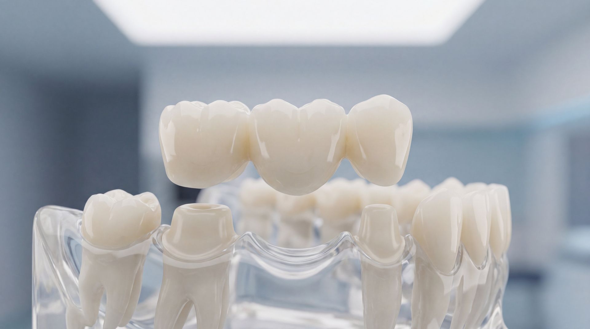 Dental bridge model representing teeth restoration.