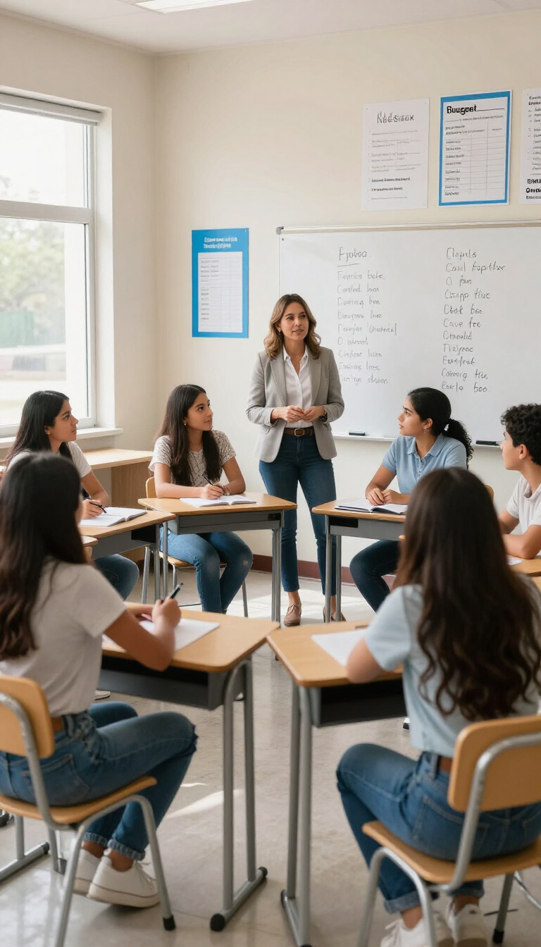Una maestra dirige una discusión en un aula luminosa con estudiantes sentados alrededor de mesas
