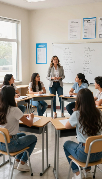 El profesor dirige un debate con los alumnos sentados alrededor de las mesas del aula y las pizarras blancas.