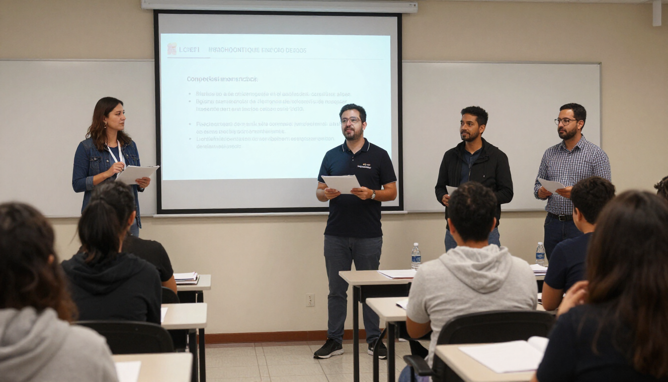 Cuatro presentadores hablan frente a una diapositiva proyectada ante un público en un aula.