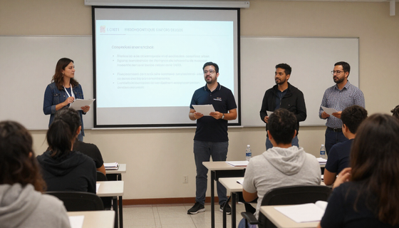 Cuatro presentadores se sitúan frente a una diapositiva proyectada en un aula