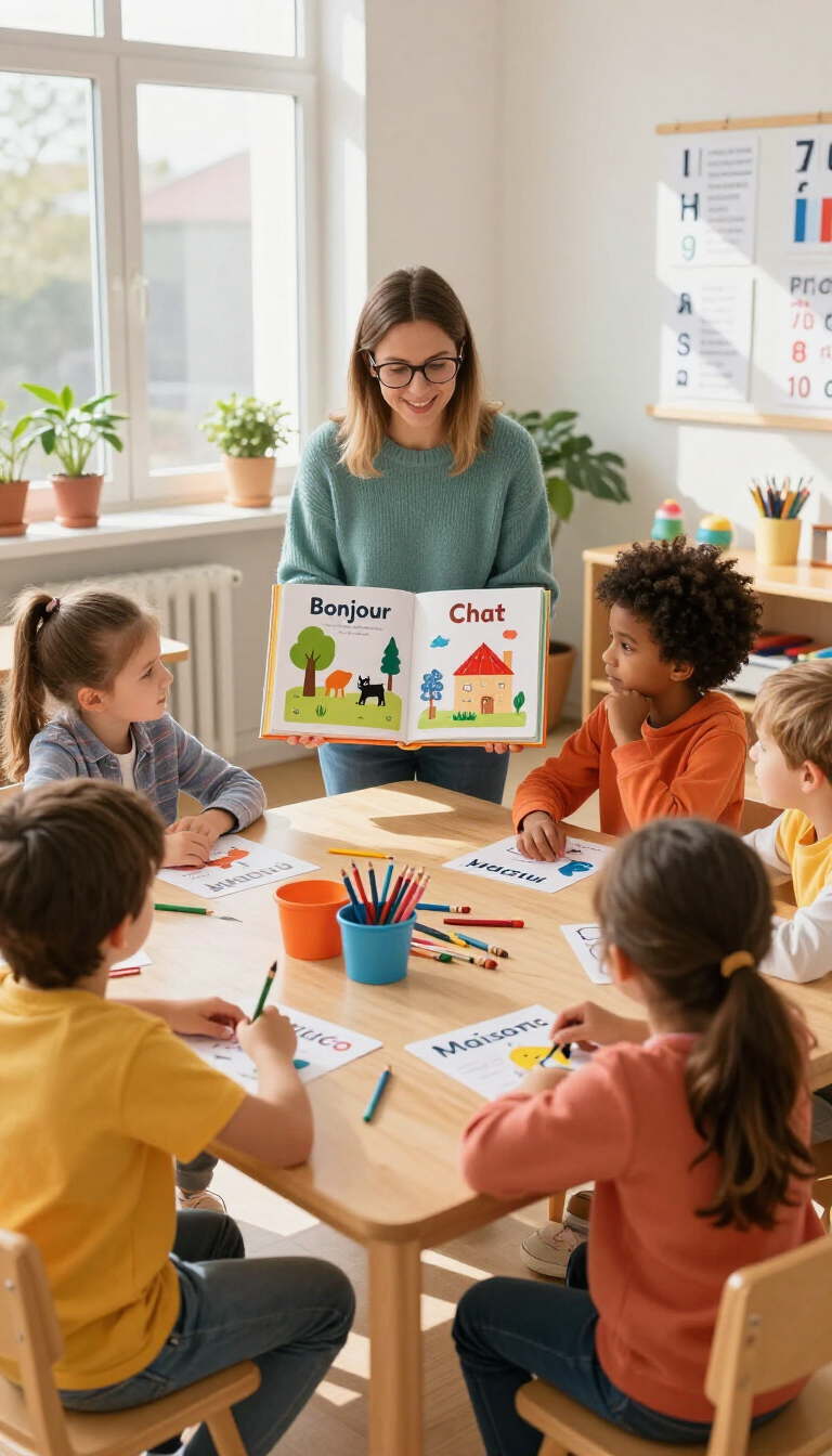 Una maestra leyendo con los niños alrededor de una mesa en un aula luminosa, utilizando un libro con imágenes coloridas.