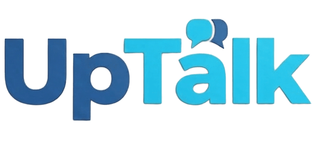 Logotipo de UpTalk en azul y azul claro con una burbuja de diálogo sobre la “a”.