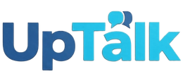 Logotipo de UpTalk en azul y azul claro con una burbuja de di&aacute;logo sobre la &ldquo;a&rdquo;.