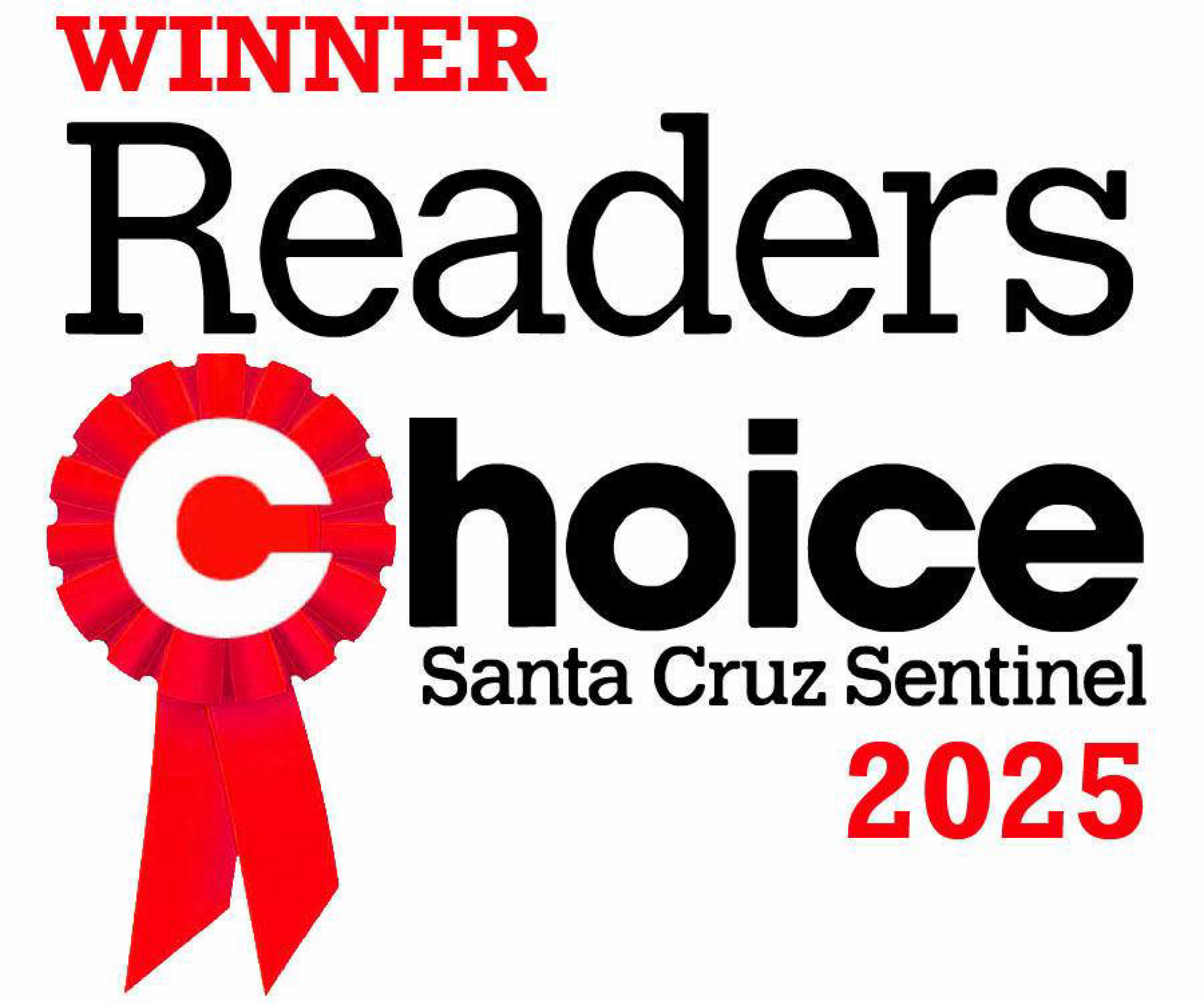 Winner Readers’ Choice Santa Cruz Sentinel 2025 logo with red ribbon and black text