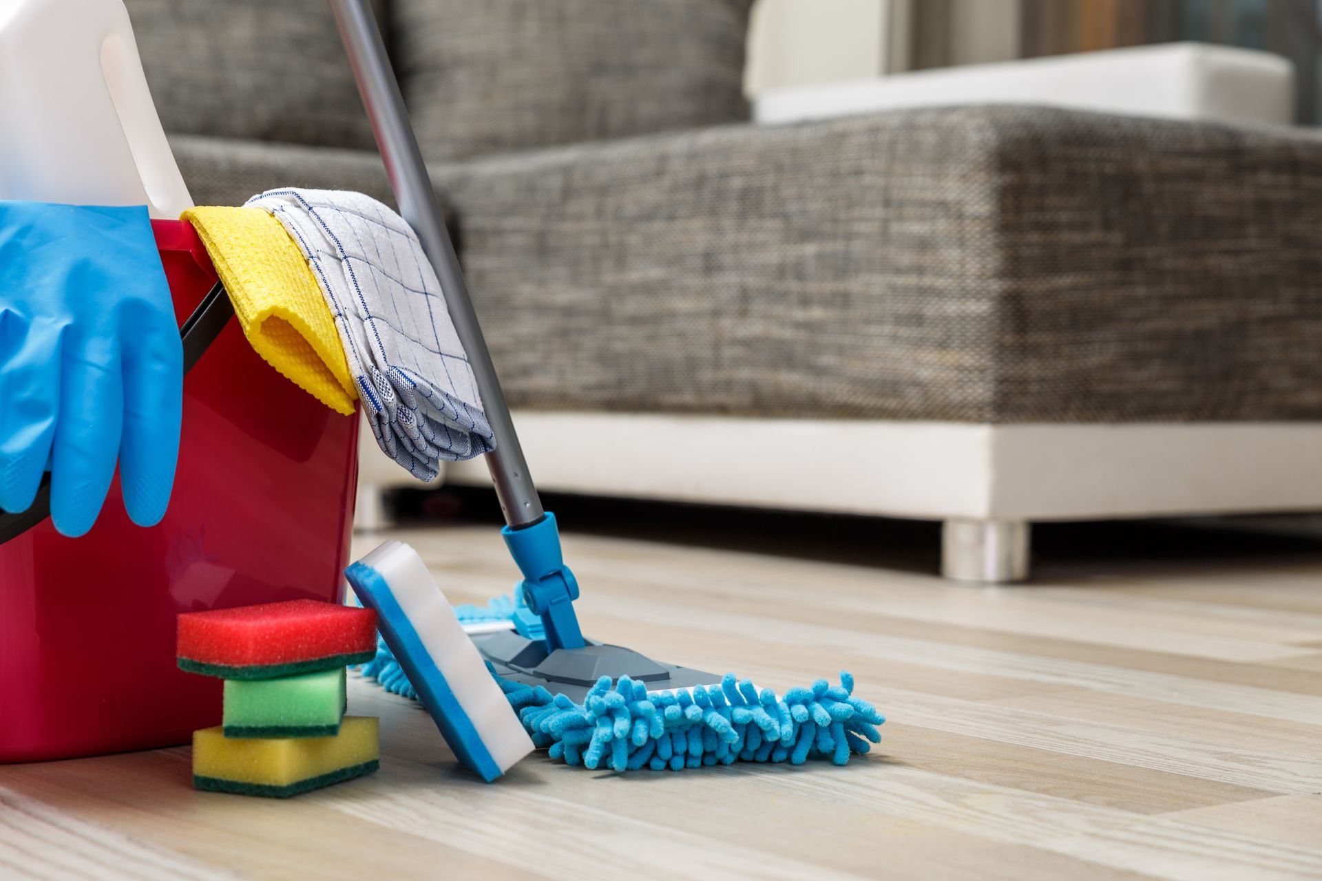 Cleaning supplies on a wooden floor beside a couch, with a blue mop and bucket. Cleaning supplies on a wooden floor beside a couch, with a blue mop and bucket.