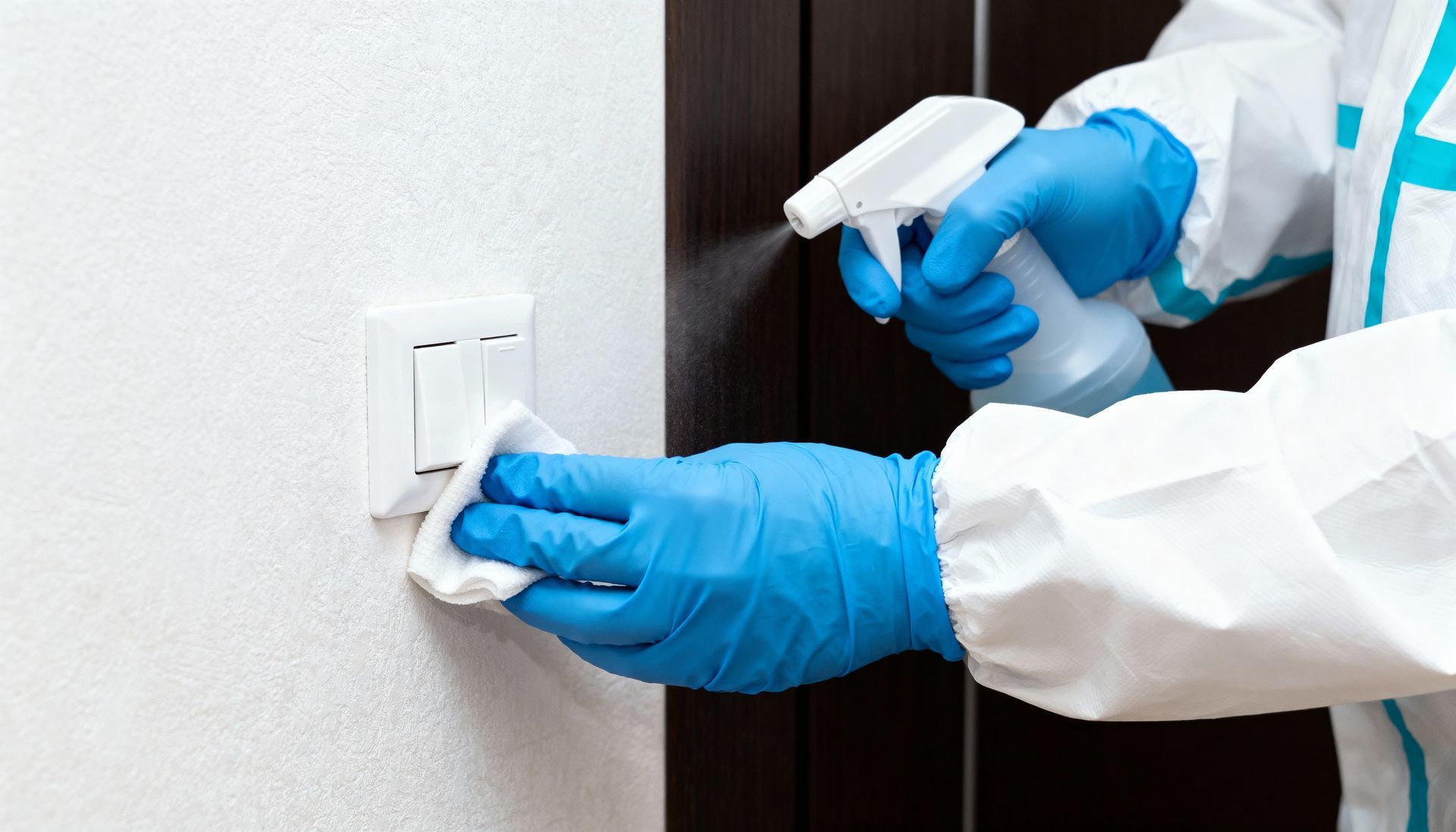 Person in blue gloves disinfecting a wall outlet with a spray bottle and cloth