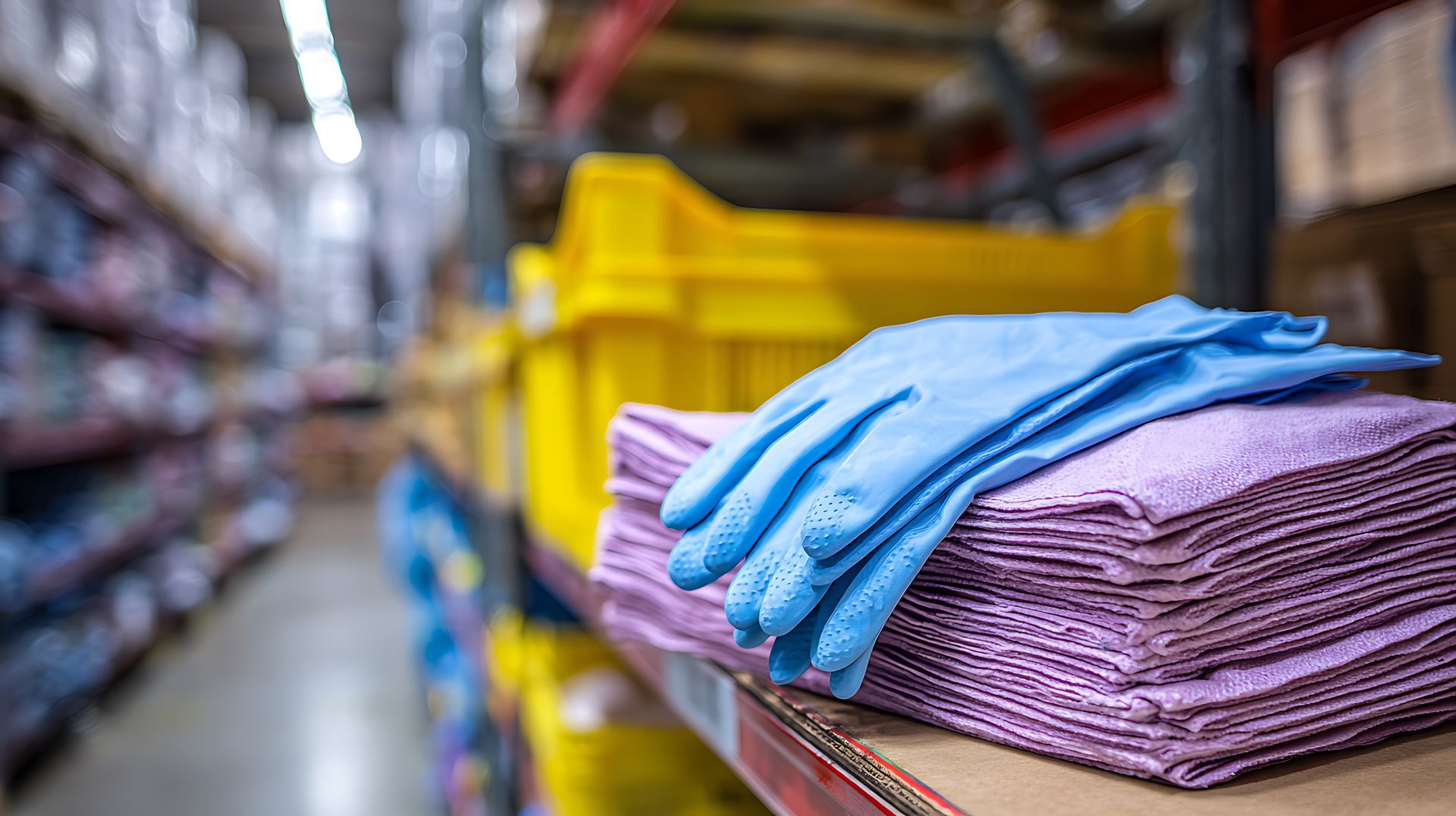 Blue gloves on a stack of purple cleaning cloths in a warehouse setting.