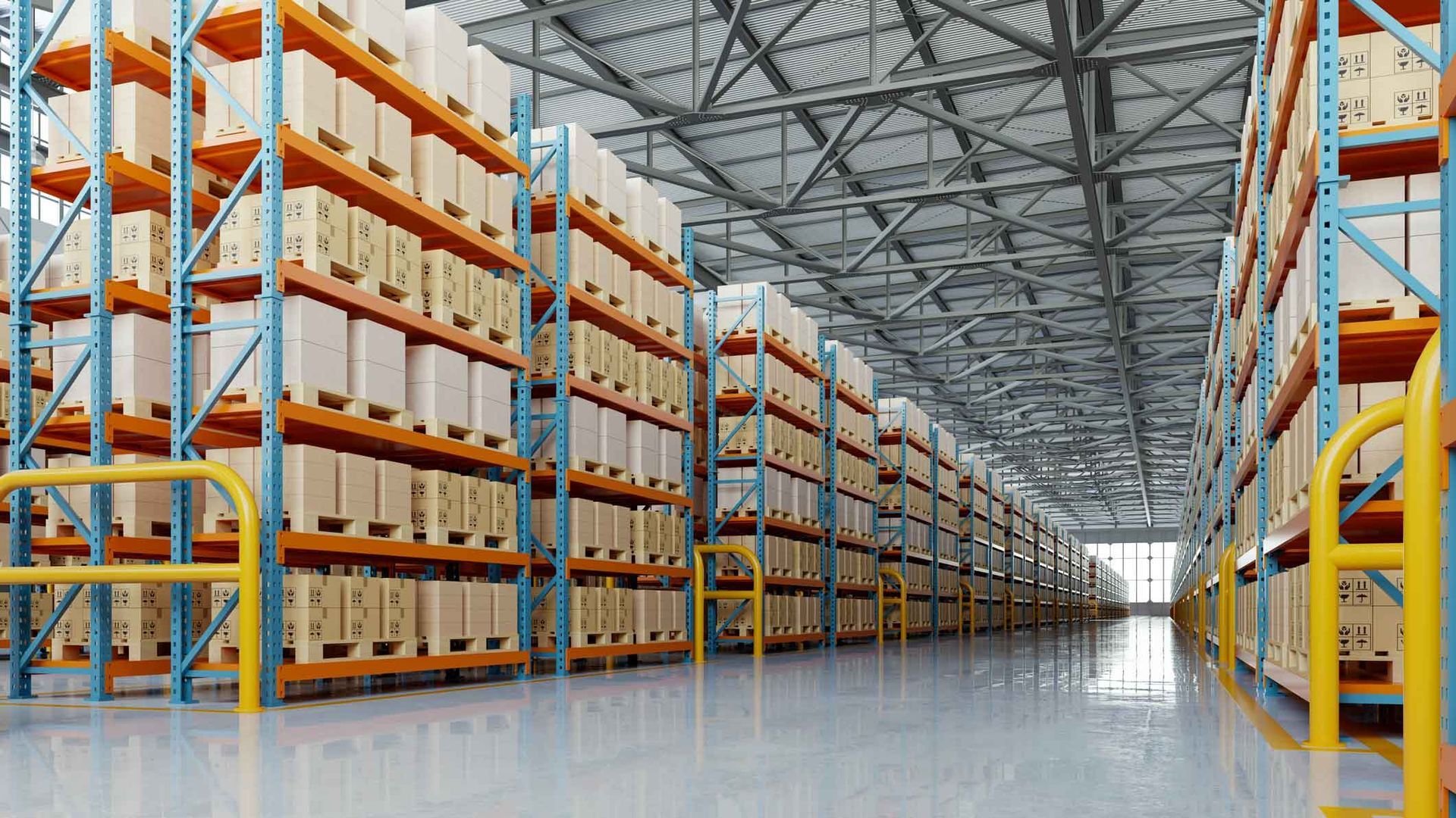 Warehouse interior with rows of packed shelves, beige boxes, and metal supports. Warehouse interior with rows of packed shelves, beige boxes, and metal supports.